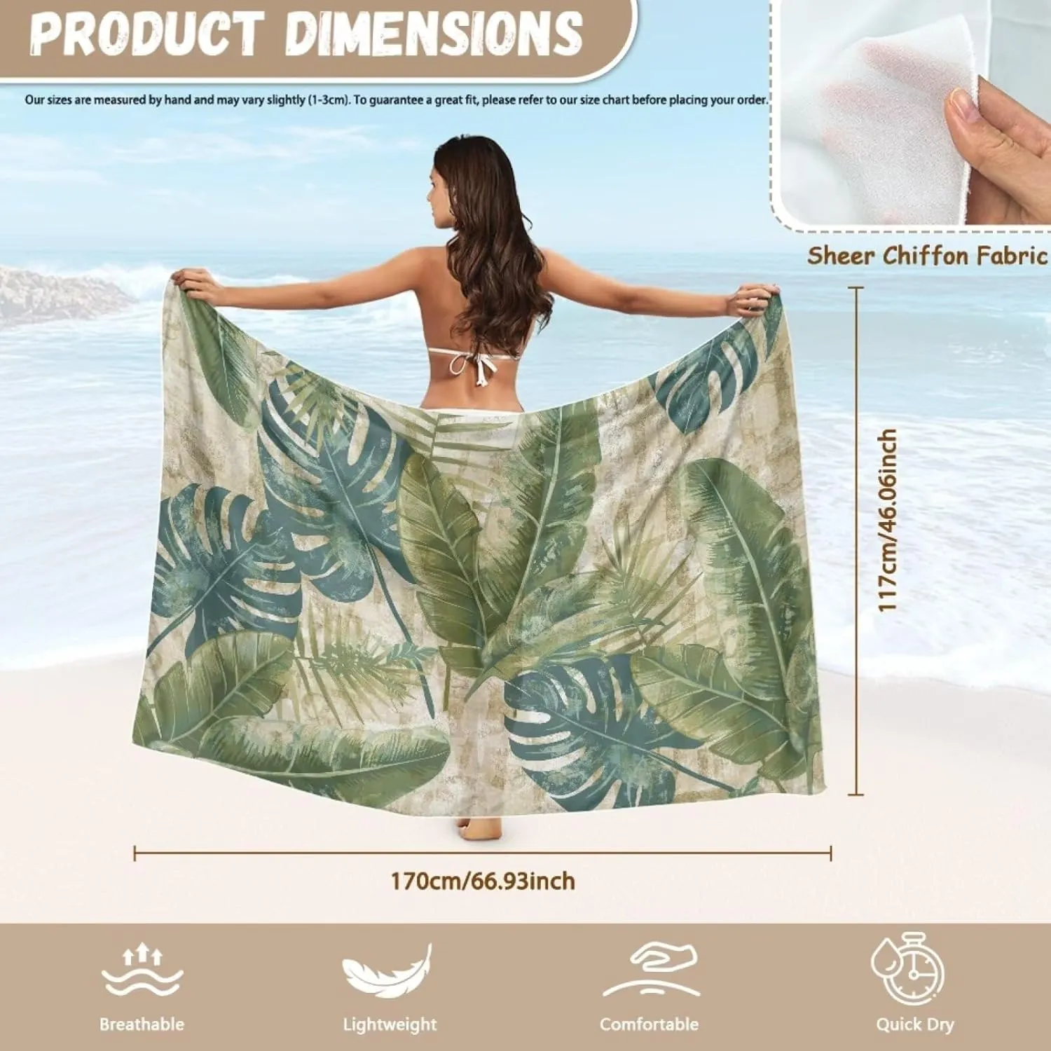 Tropical Flower Leaves Sarong Wraps Coverups Chiffon Long Bikini Wraps Sheer Resort Wear Dress Skirt