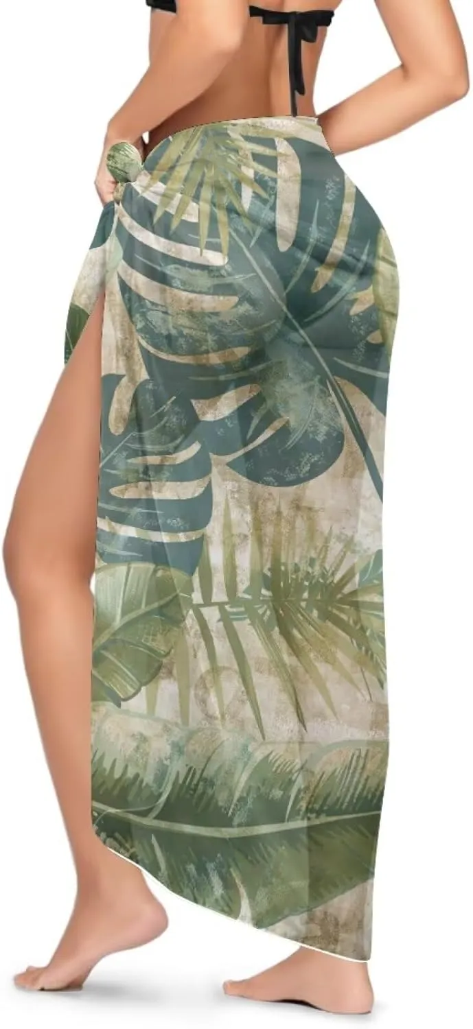 Tropical Flower Leaves Sarong Wraps Coverups Chiffon Long Bikini Wraps Sheer Resort Wear Dress Skirt