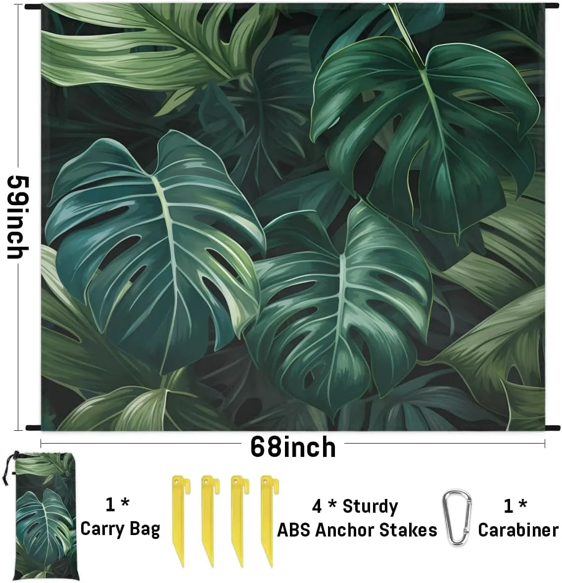 Tropical Green Plant Beach Blanket, Sandproof Beach Mat, 68 x 59 Waterproof Quick Drying Sand Free Mat with 4 x Ground Spikes for Outdoor Travel Camping Hiking, Palm Leaves