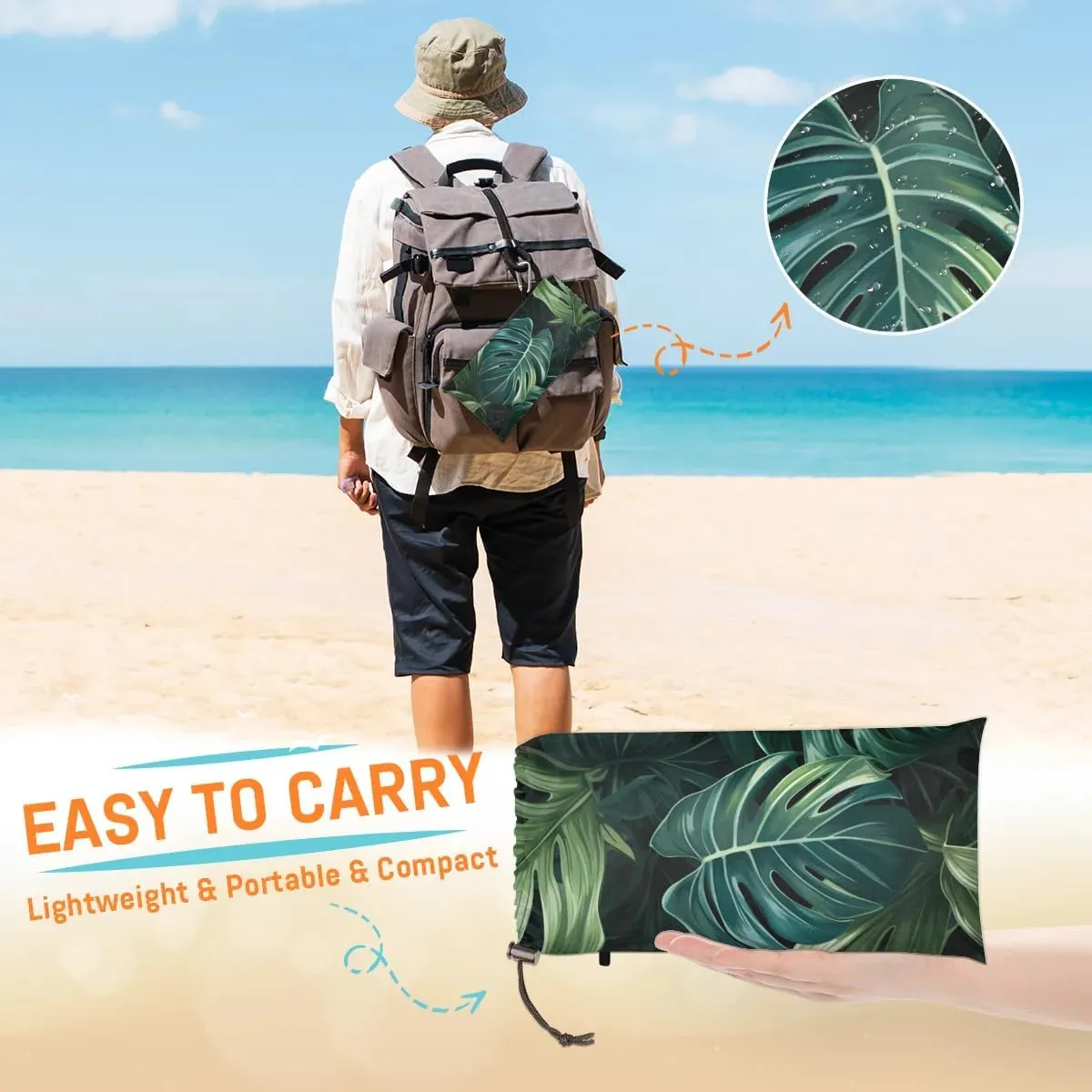 Tropical Green Plant Beach Blanket, Sandproof Beach Mat, 68 x 59 Waterproof Quick Drying Sand Free Mat with 4 x Ground Spikes for Outdoor Travel Camping Hiking, Palm Leaves