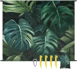 Tropical Green Plant Beach Blanket, Sandproof Beach Mat, 68 x 59 Waterproof Quick Drying Sand Free Mat with 4 x Ground Spikes for Outdoor Travel Camping Hiking, Palm Leaves