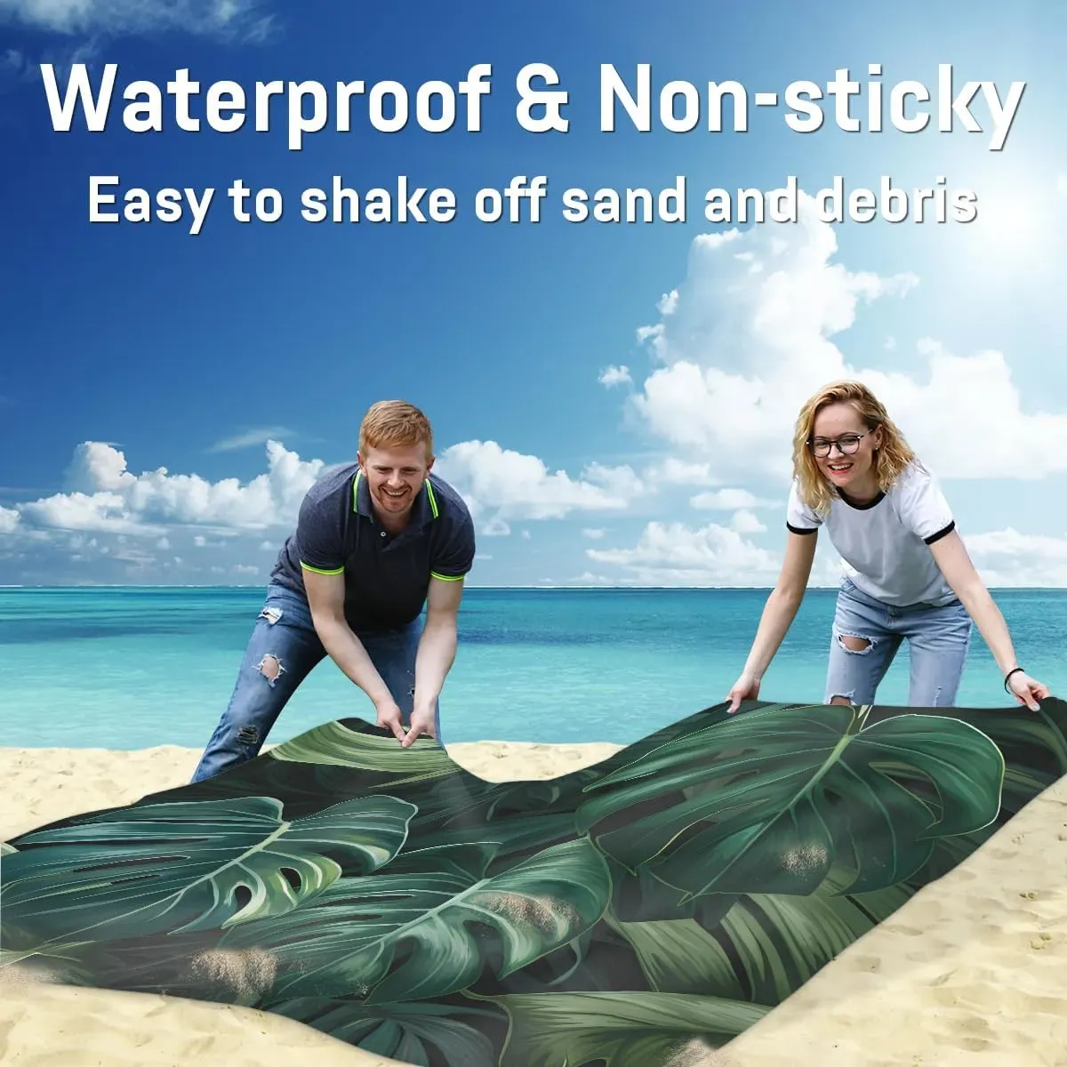Tropical Green Plant Beach Blanket, Sandproof Beach Mat, 68 x 59 Waterproof Quick Drying Sand Free Mat with 4 x Ground Spikes for Outdoor Travel Camping Hiking, Palm Leaves