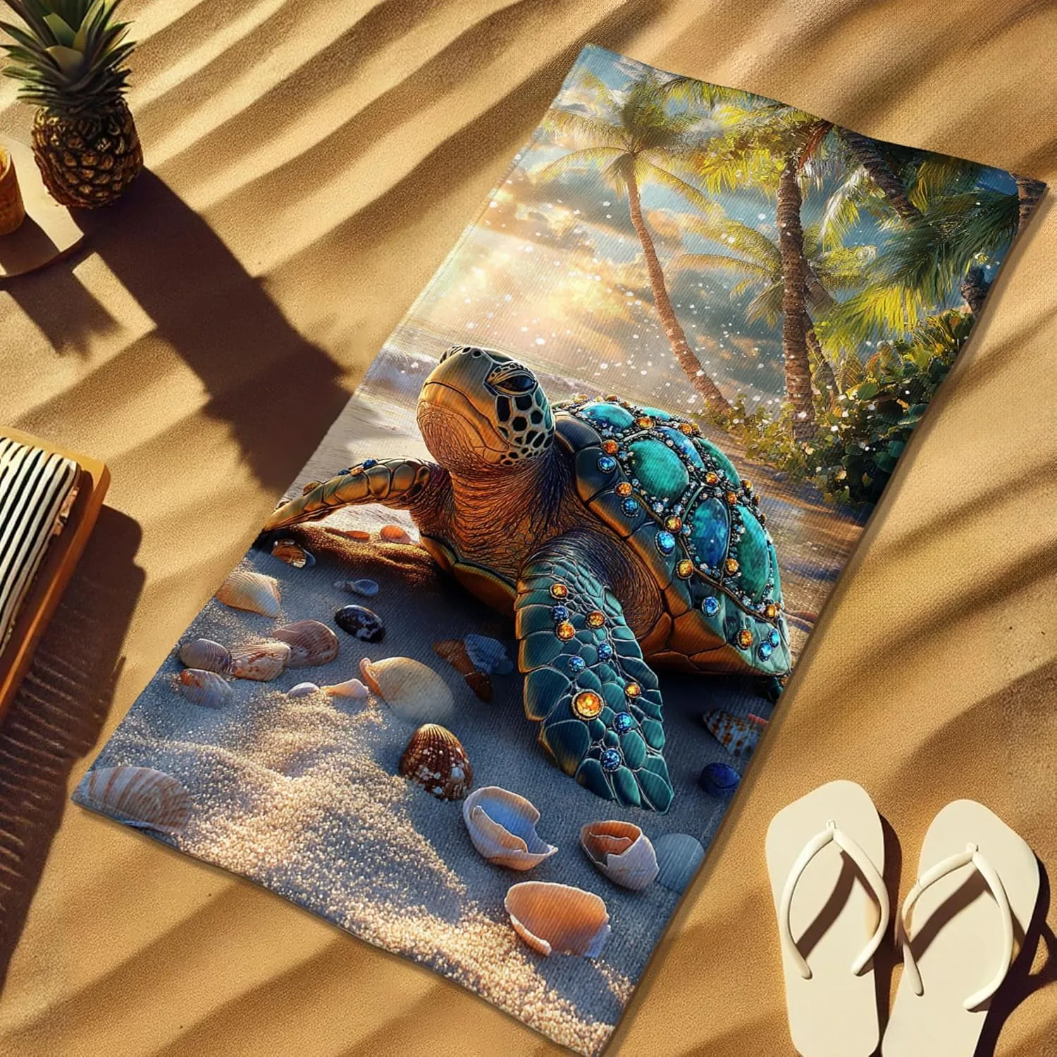 Tropical Turtle Microfiber Beach Towel Colorful Ocean Ocean Creatures Tapestry Quick Dry Sand Proof Lightweight Beach Blanket, Travel Pool Picnic Essentials 62x31 Inch