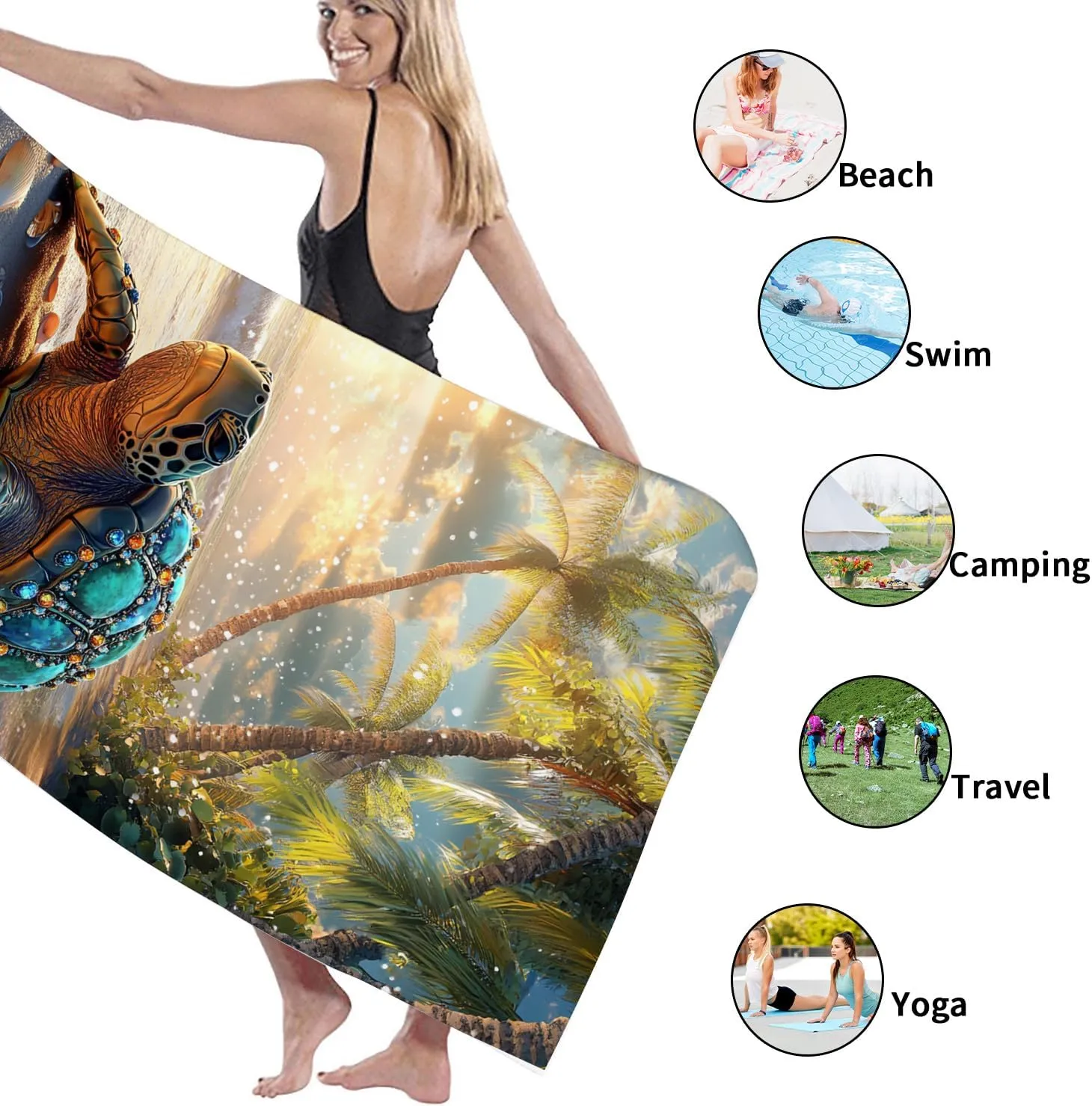 Tropical Turtle Microfiber Beach Towel Colorful Ocean Ocean Creatures Tapestry Quick Dry Sand Proof Lightweight Beach Blanket, Travel Pool Picnic Essentials 62x31 Inch