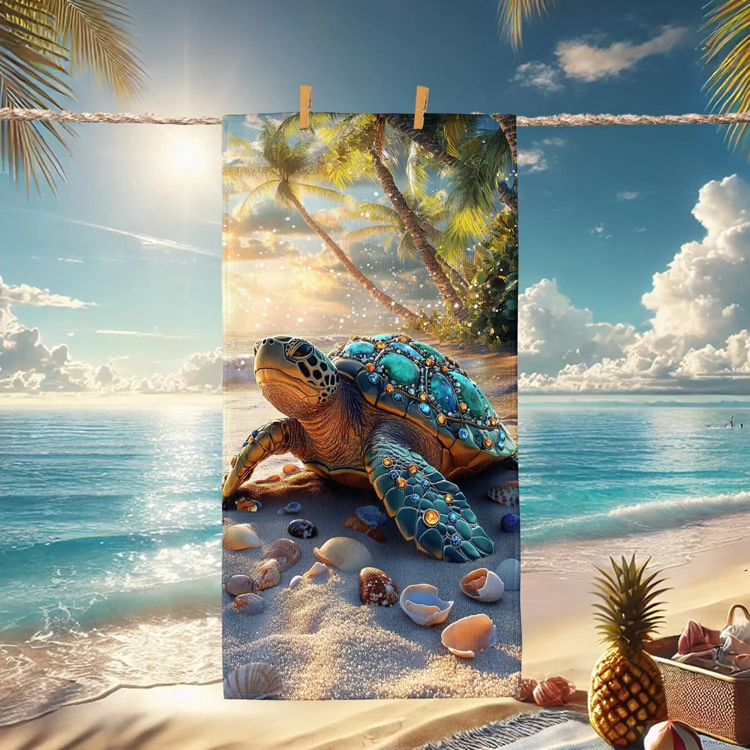 Tropical Turtle Microfiber Beach Towel Colorful Ocean Ocean Creatures Tapestry Quick Dry Sand Proof Lightweight Beach Blanket, Travel Pool Picnic Essentials 62x31 Inch