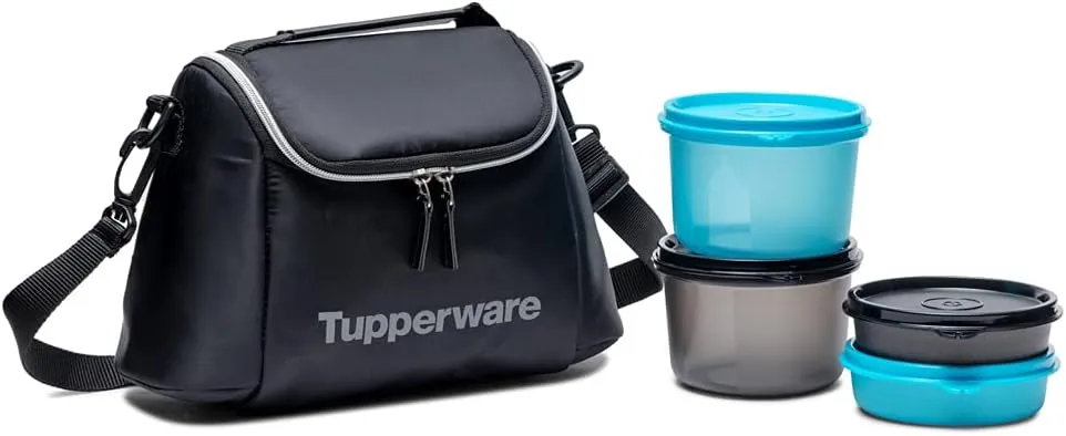 Tupperware Men's Cosmo Lunch Set (Black, Blue) | 2 Containers | Pickle Box | Insulated Fabric Bag | Leak Proof | Microwave Safe | Full Meal | Easy to Carry
