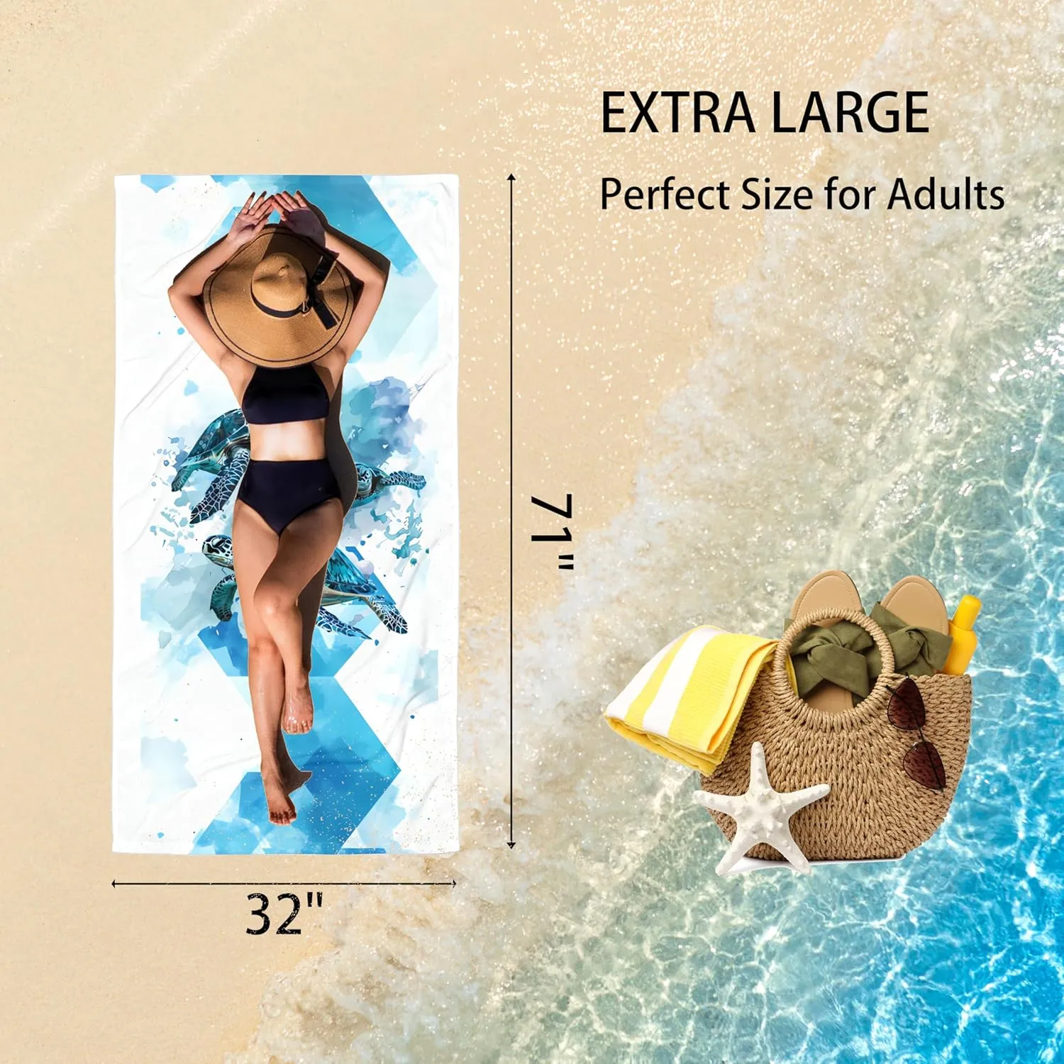 Turquoise Turtles Oversized Sand Free Beach Towel – 71"X32" Lightweight Quick Dry Microfiber Terry Towel For Travel, Swimming, Pool, And Camping, Absorbent And Compact Beach Essential For Women Men