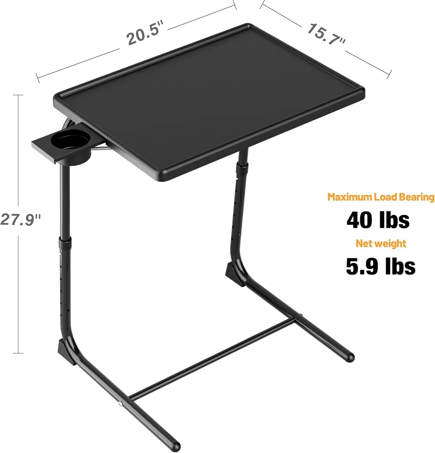 TV Tray Table, Allpop TV Dinner Tray for Eating, Adjustable Folding Laptop Table with 6 Heights & 3 Tilt Angles, Cup Holder on Couch & Bed, Black