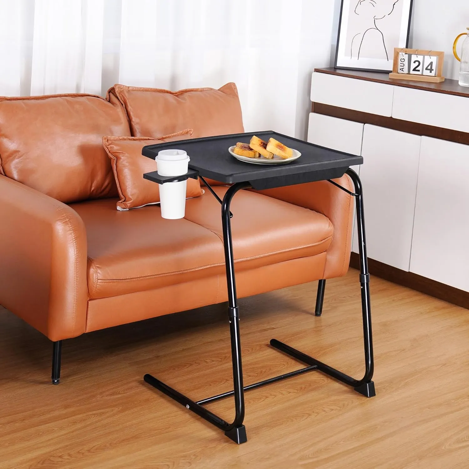 TV Tray Table, Allpop TV Dinner Tray for Eating, Adjustable Folding Laptop Table with 6 Heights & 3 Tilt Angles, Cup Holder on Couch & Bed, Black