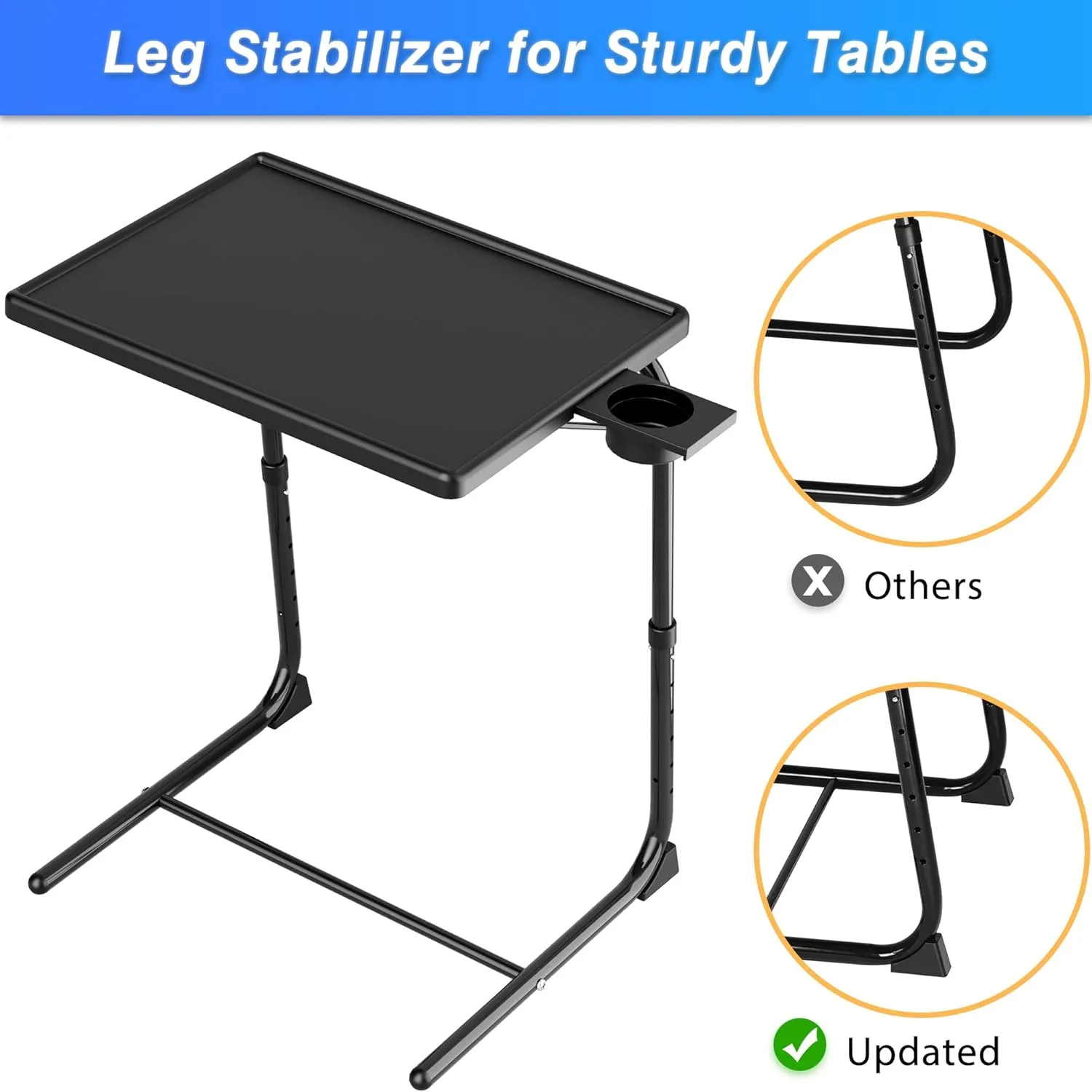 TV Tray Table, Allpop TV Dinner Tray for Eating, Adjustable Folding Laptop Table with 6 Heights & 3 Tilt Angles, Cup Holder on Couch & Bed, Black