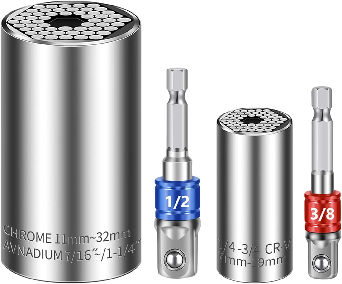 Universal Socket Set (7-19mm 11-32mm) Super Socket For Unscrew Any Bolt Tools with 3/8" 1/2" Power Drill Adapters Super Sockets Multi-function Socket Set Gifts for Dad, Husband and Men 4PCS
