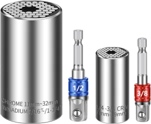 Universal Socket Set (7-19mm 11-32mm) Super Socket For Unscrew Any Bolt Tools with 3/8" 1/2" Power Drill Adapters Super Sockets Multi-function Socket Set Gifts for Dad, Husband and Men 4PCS