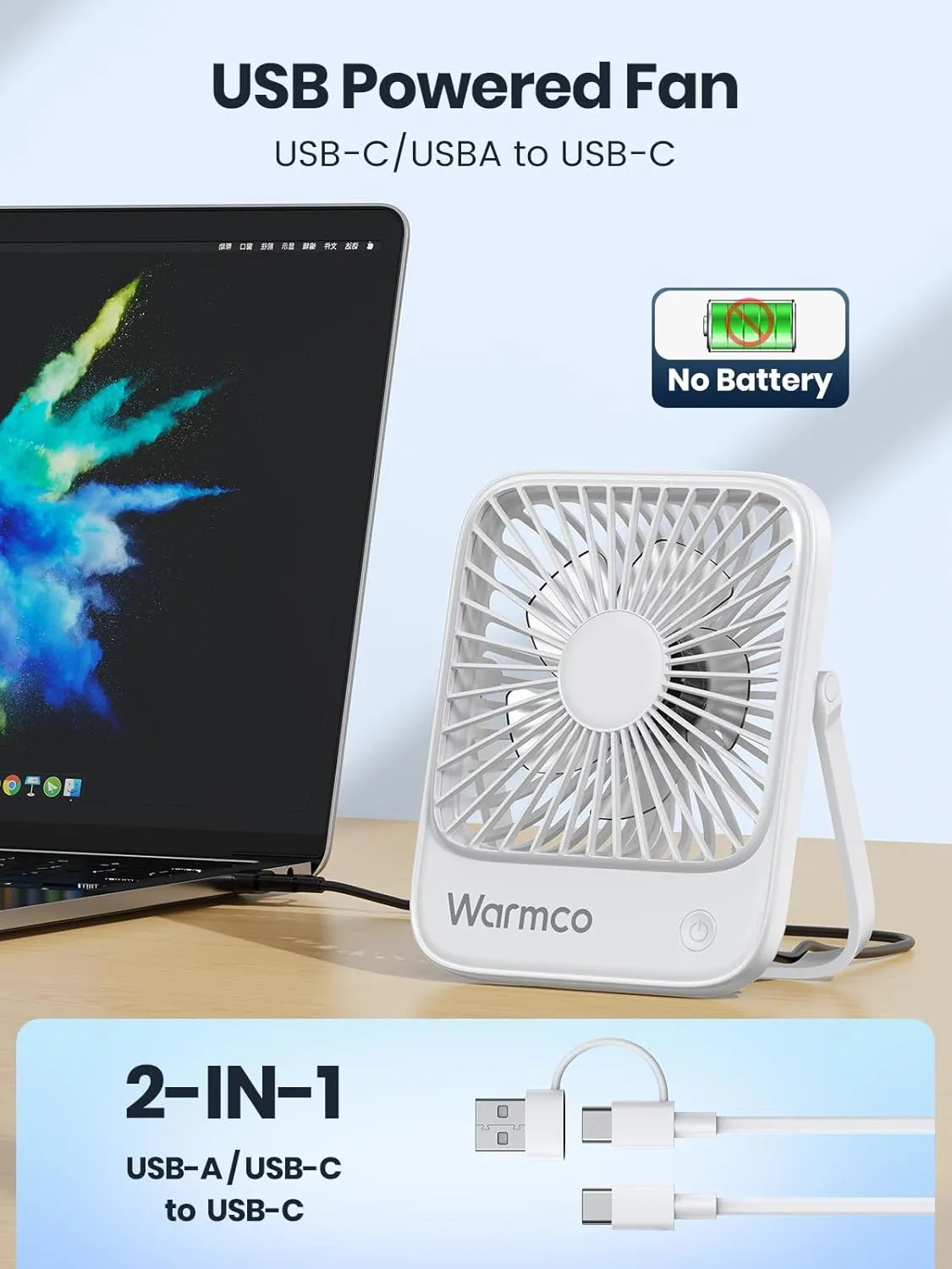 USB Desk Fan 2Pack, USB C Corded Powered Personal Fan, Strong Airflow Quiet Operation, 3 Speeds Wind Small USB Desktop Fan With 180° Tilt Folding for Office Table Home White