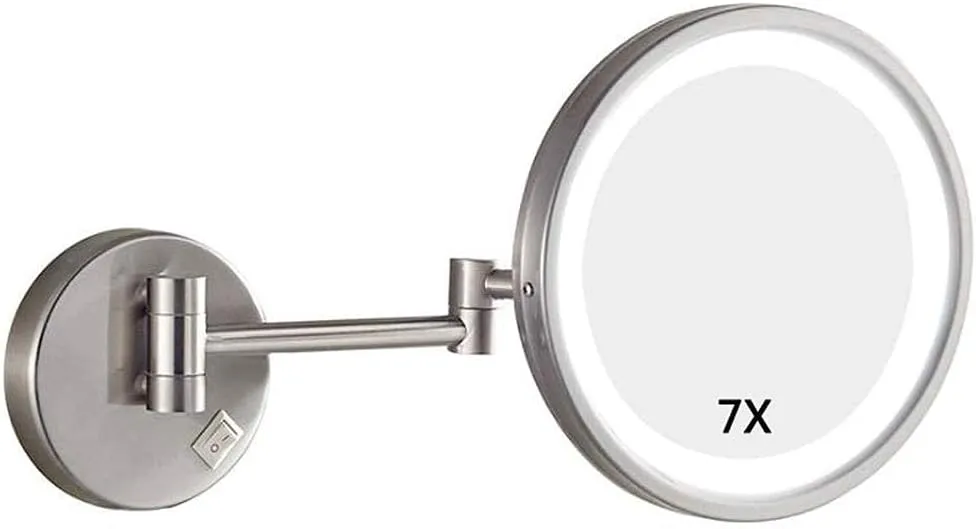 Vanity Mirror,Makeup Mirror Vanity Mirror Wall-Mounted Shaving Mirror Led Lighted 7X Magnification 8.5-Inch Round Bathroom Extendable Cosmetic Mirror/