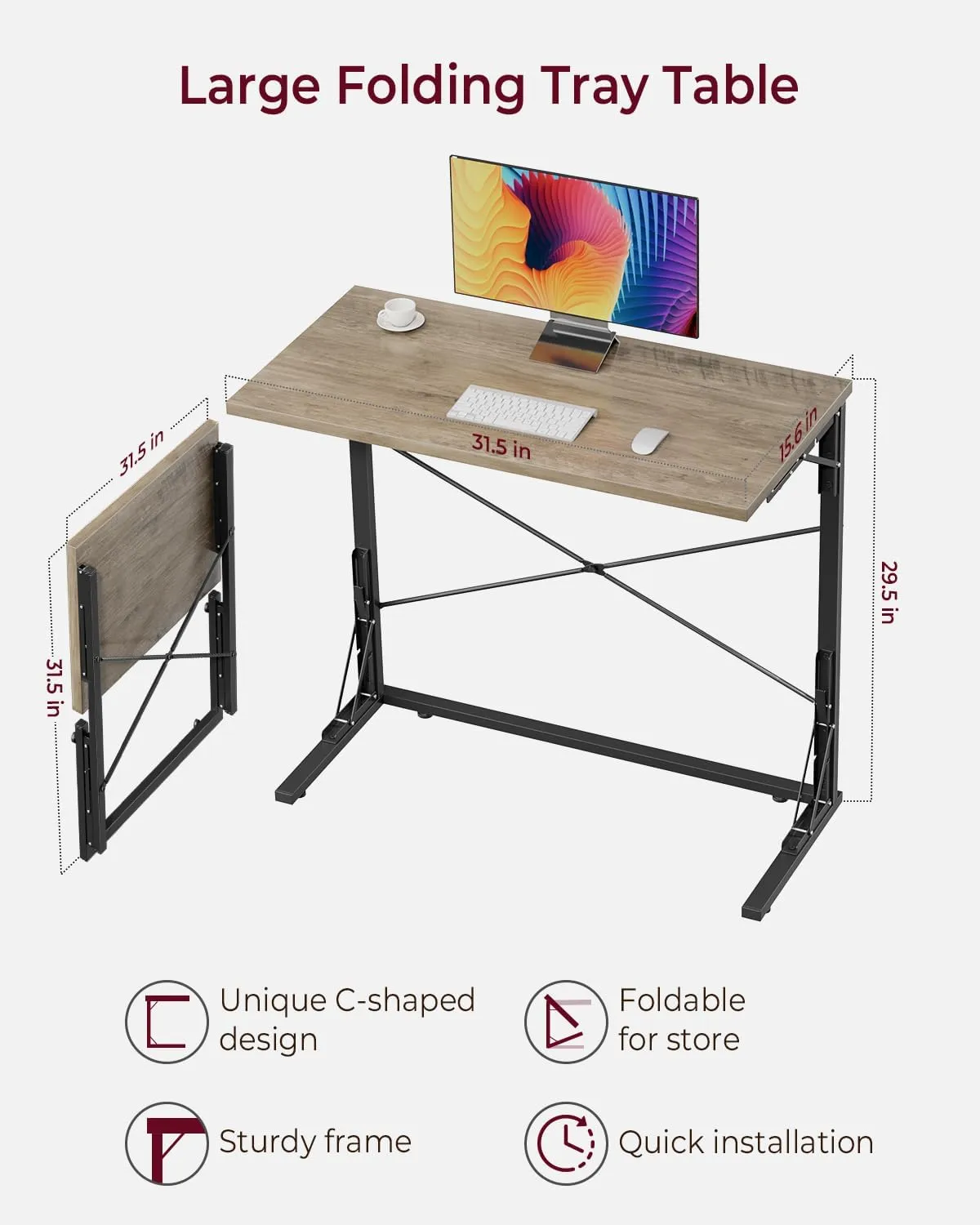 Vantic 31.5" Folding Desk, Foldable TV Tray Table for Eating on Couch, Extra Large TV Dinner Trays, Portable Fold Computer Writing Desk Table for Home Office, Greige