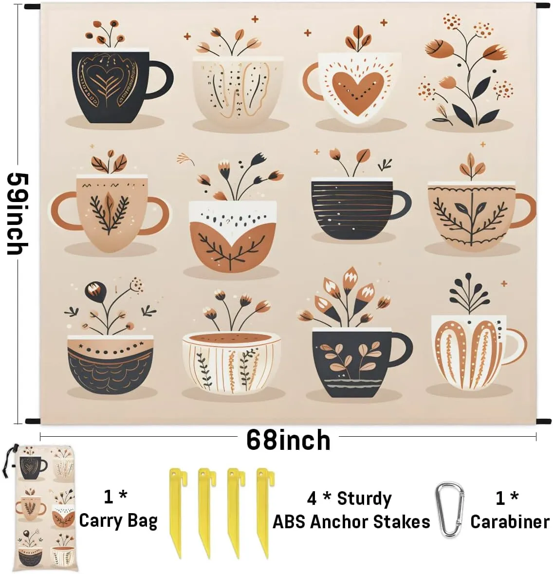 Various Coffee Beach Blanket, Sandproof Beach Mat, 68 x 59 Waterproof Quick Drying Sand Free Mat with 4 x Ground Spikes for Outdoor Travel Camping Hiking, Coffee