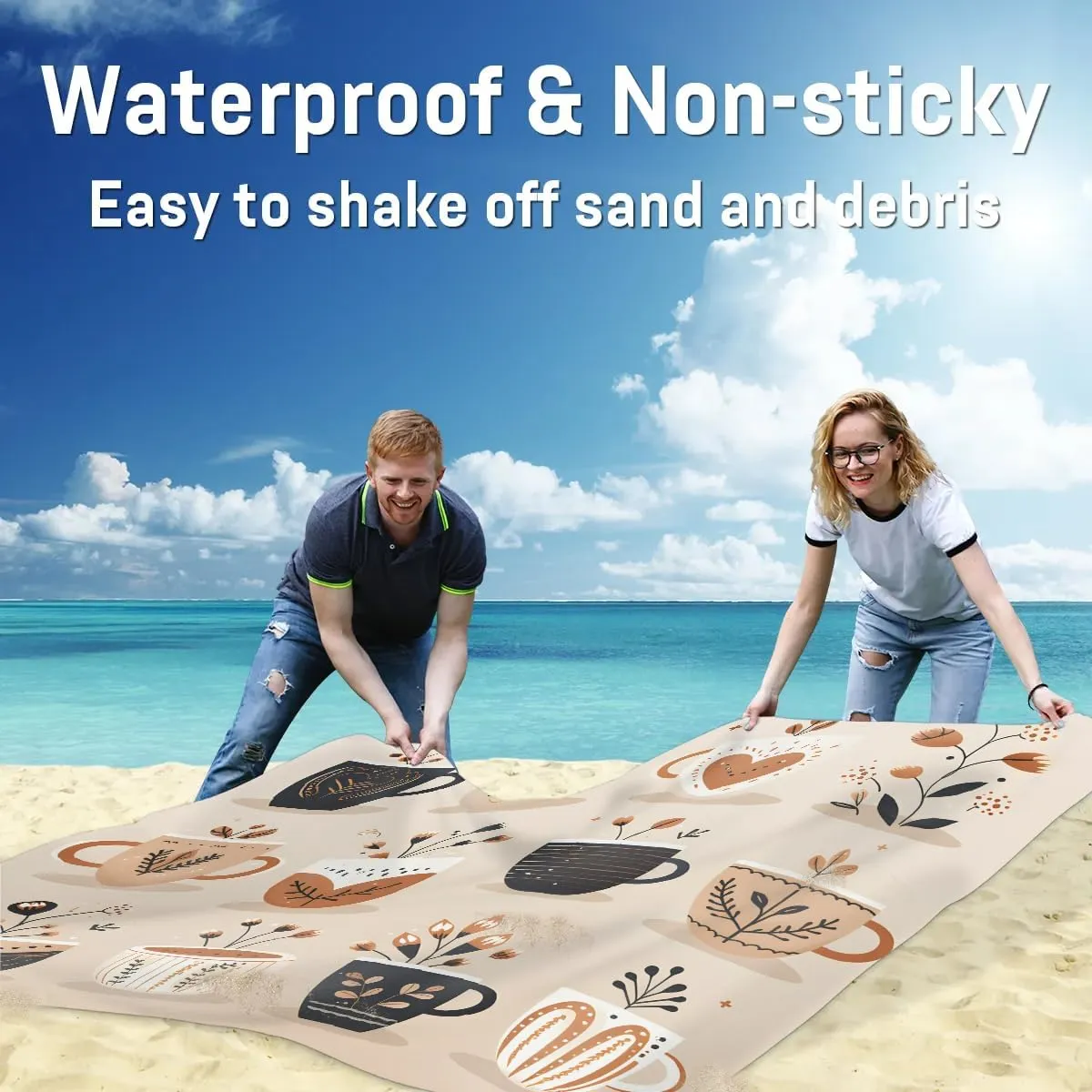 Various Coffee Beach Blanket, Sandproof Beach Mat, 68 x 59 Waterproof Quick Drying Sand Free Mat with 4 x Ground Spikes for Outdoor Travel Camping Hiking, Coffee