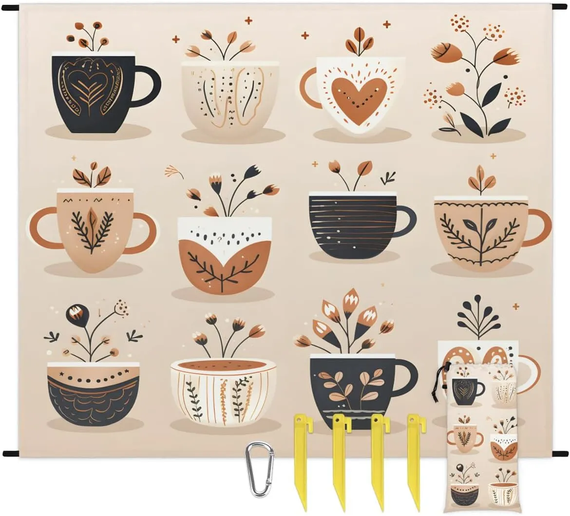 Various Coffee Beach Blanket, Sandproof Beach Mat, 68 x 59 Waterproof Quick Drying Sand Free Mat with 4 x Ground Spikes for Outdoor Travel Camping Hiking, Coffee