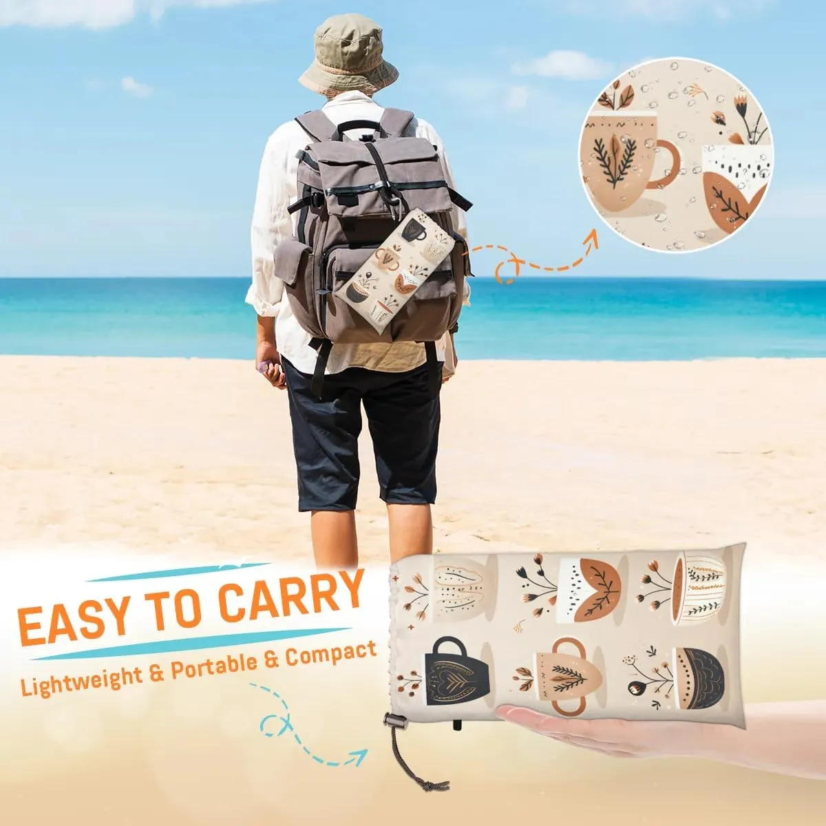 Various Coffee Beach Blanket, Sandproof Beach Mat, 68 x 59 Waterproof Quick Drying Sand Free Mat with 4 x Ground Spikes for Outdoor Travel Camping Hiking, Coffee