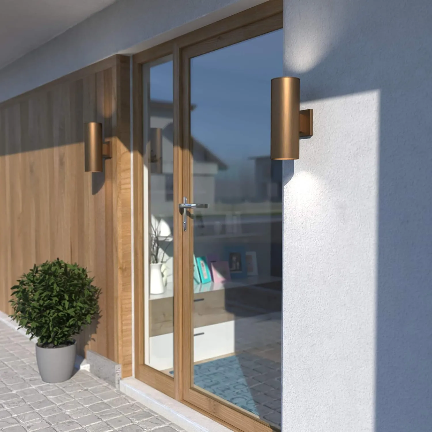 VAXCEL Chiasso Modern Outdoor Porch Light, 5" W x 14.25" H 2-Light Gold Brass Cylinder Wall Sconce, Up and Down Wall Light for Porch, Patio, Deck, or Front Door