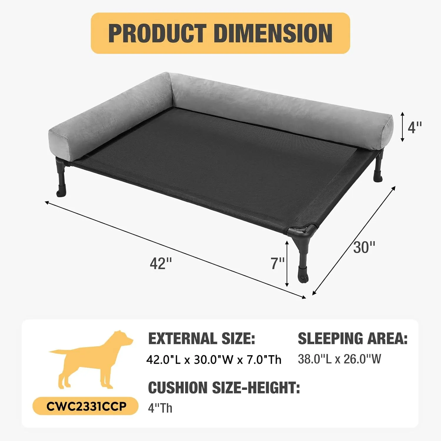 Veehoo Elevated Dog Bed-Raised Cooling Outdoor Dog Cots Beds for Large Sized Dogs Outside Dog Bed Off Ground with Breathable Mesh & No-Slip Feet Dog Hammock Bed with Removable Bolster-42 x 30" Black