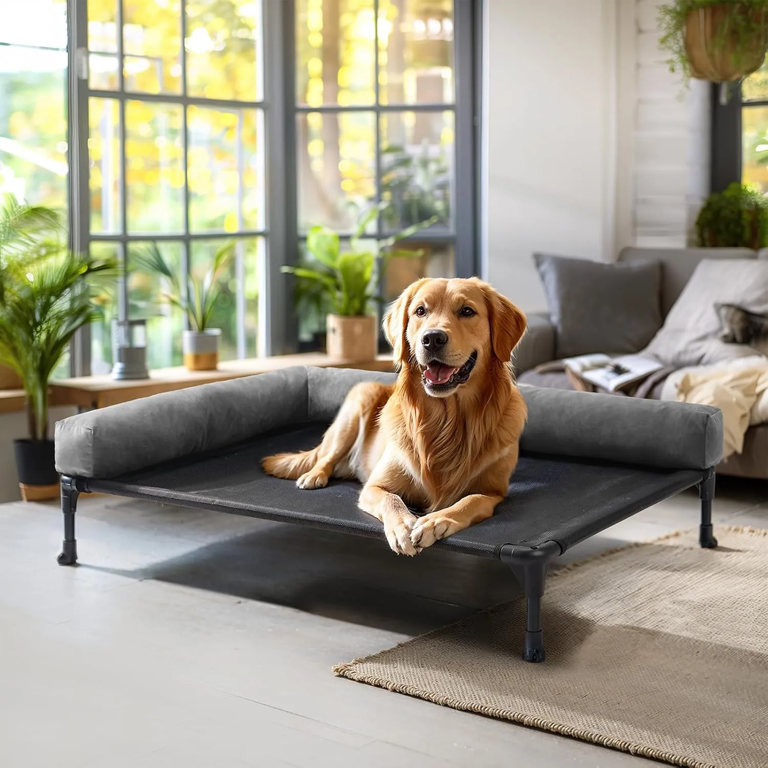 Veehoo Elevated Dog Bed-Raised Cooling Outdoor Dog Cots Beds for Large Sized Dogs Outside Dog Bed Off Ground with Breathable Mesh & No-Slip Feet Dog Hammock Bed with Removable Bolster-42 x 30" Black