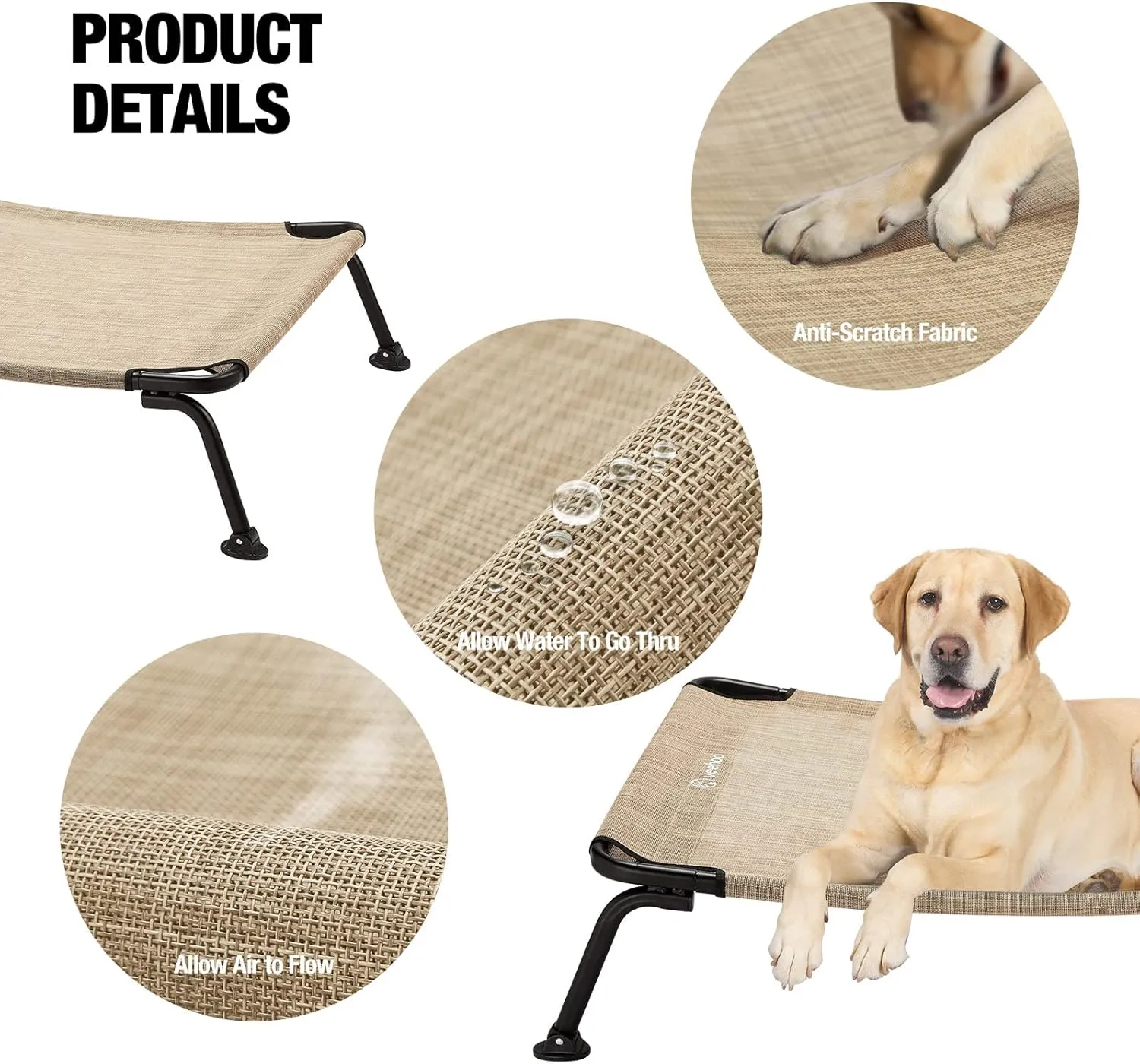 Veehoo Elevated Raised Dog Cot Bed, Curved Outdoor Dog Bed Off Ground Lifted Hammock Indoor Pet Bed with Breathable Teslin Mesh, Beige, 42"L x 30"W x 8"Th, Up to 120lbs