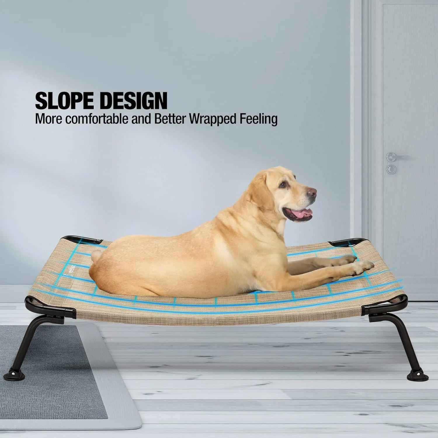 Veehoo Elevated Raised Dog Cot Bed, Curved Outdoor Dog Bed Off Ground Lifted Hammock Indoor Pet Bed with Breathable Teslin Mesh, Beige, 42"L x 30"W x 8"Th, Up to 120lbs