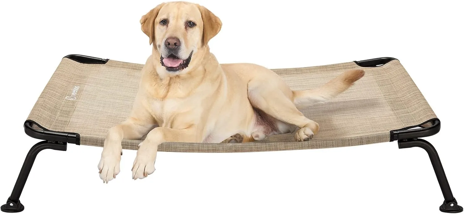 Veehoo Elevated Raised Dog Cot Bed, Curved Outdoor Dog Bed Off Ground Lifted Hammock Indoor Pet Bed with Breathable Teslin Mesh, Beige, 42"L x 30"W x 8"Th, Up to 120lbs