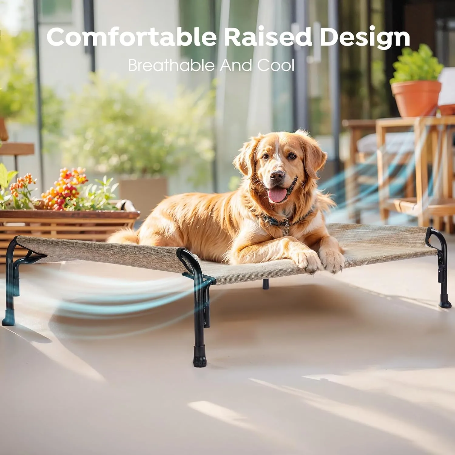 Veehoo Outdoor Elevated Dog Bed, Raised Dog Cot for Small Medium Dogs, Cooling Washable Waterproof Pet Hammock Beds with Slope Headrest, Breathable Mesh and Sturdy Frame, M, Beige Coffee, CWC2204