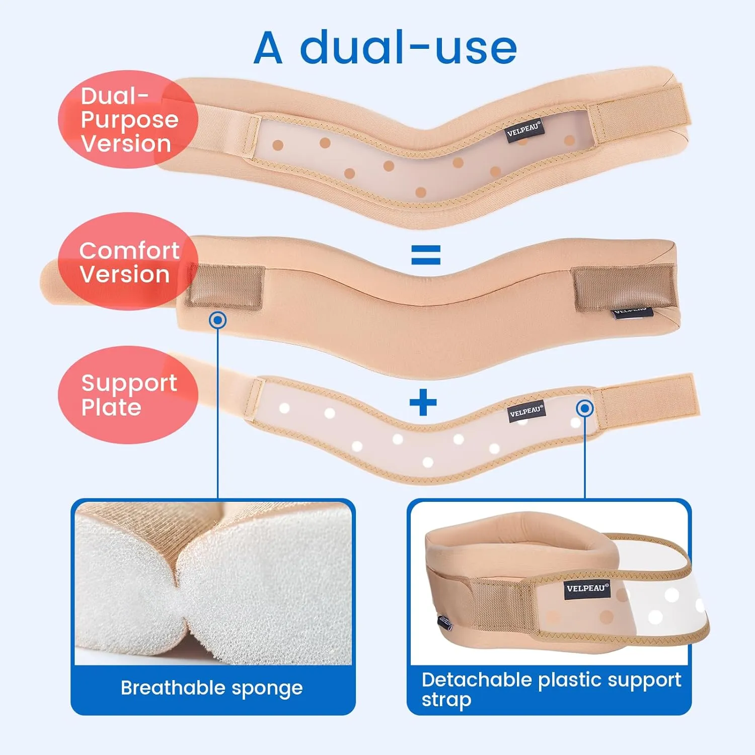 Velpeau Neck Brace for Neck Pain and Support - Soft Cervical Collar for Sleeping, Snoozing, Sleeping Upright, Anti-Snoring, Sleep Apnea for Women & Men (Khaki, Dual-purpose Version, M: 11.5-14"/3″)