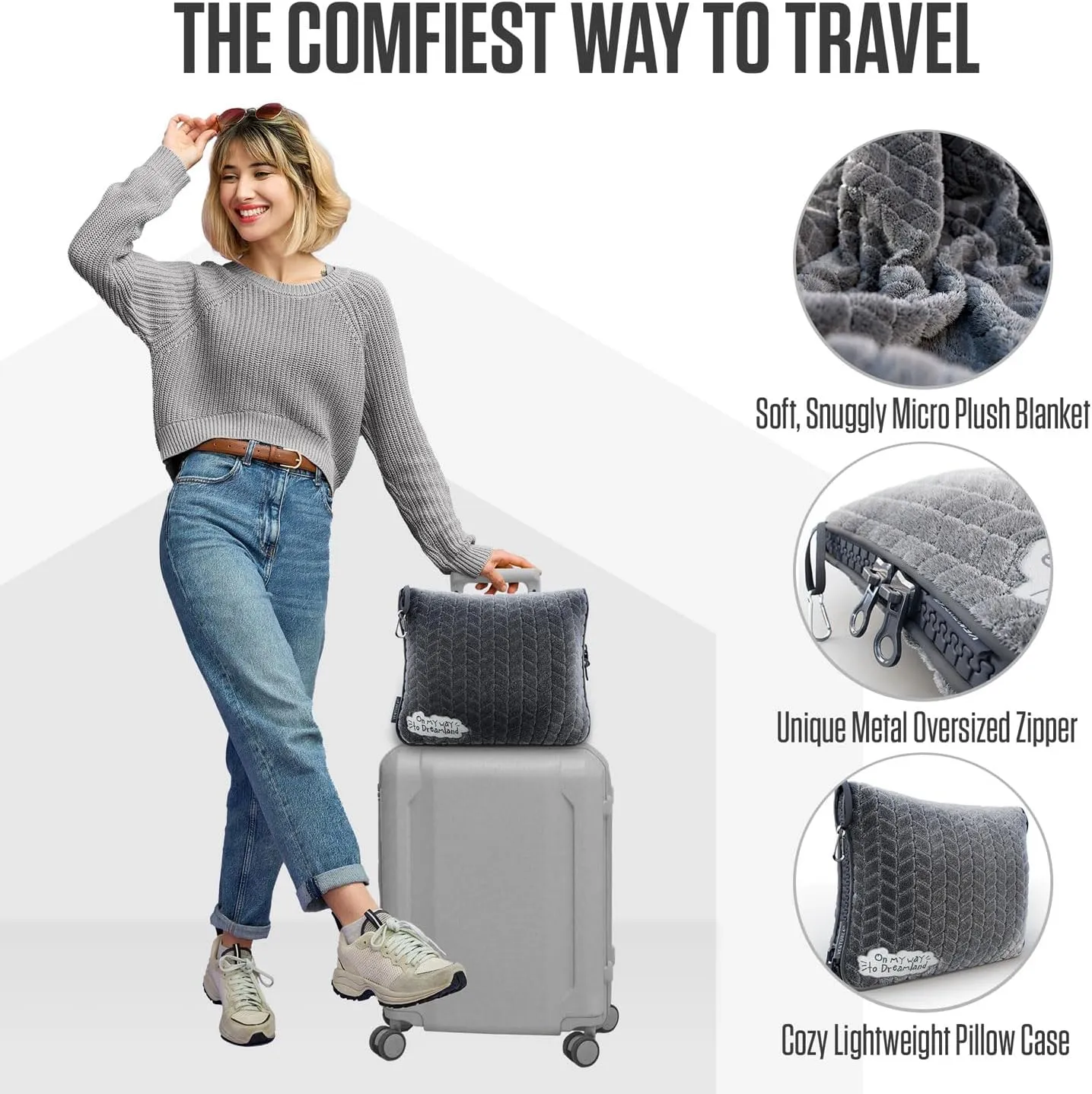 VENTURE 4TH Travel Blanket Pillow – Premium Ultra-Soft & Warm 2-in-1 Blanket or Pillow for Airplane, Car & Bus – Compact, Lightweight & Portable – Lint-Free, No Shedding, No Pilling - Gray