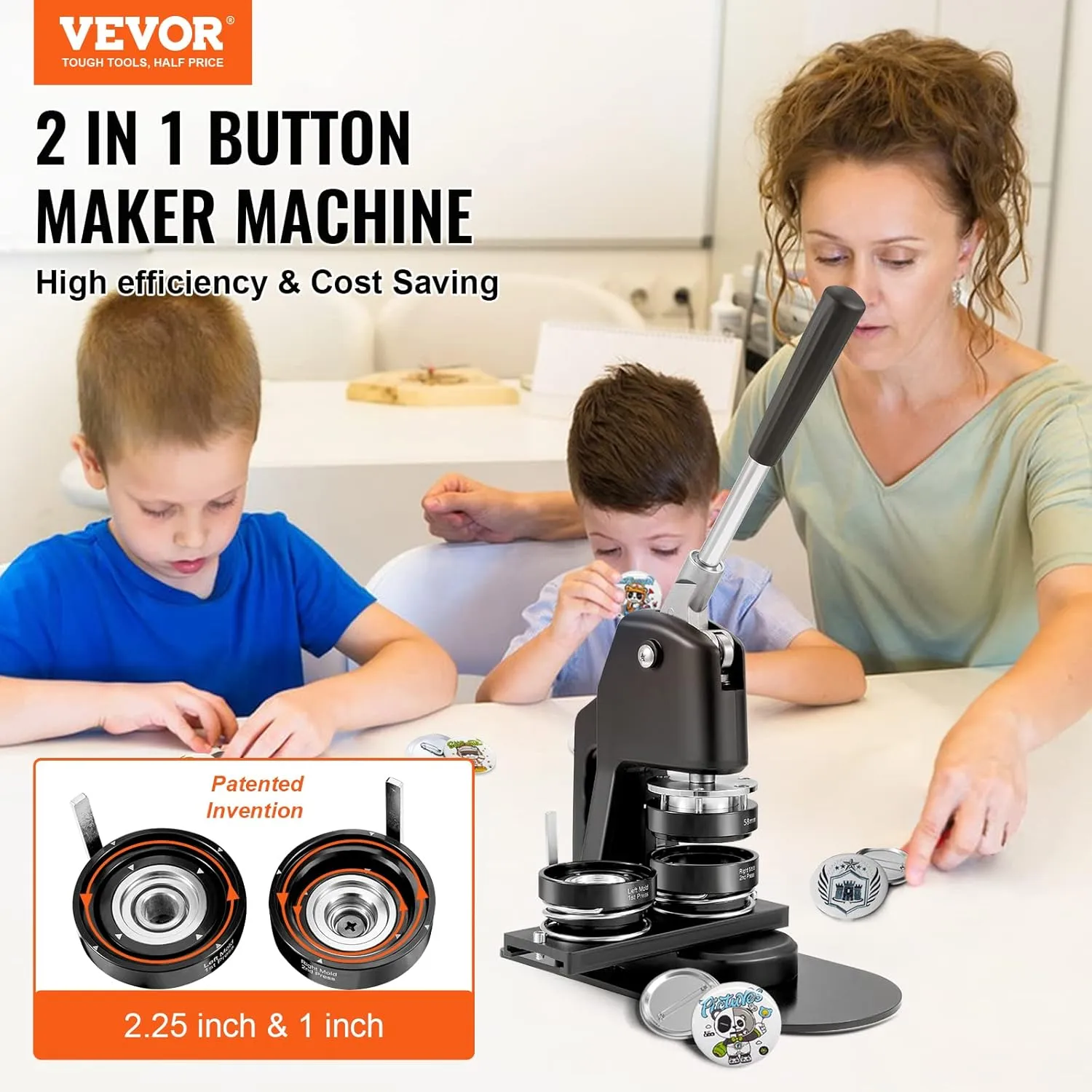 VEVOR Button Maker Machine, Multiple Sizes 1 2.25 Inch Badge Punch Press Kit, Children DIY Gifts Pin Maker, Button Making Supplies with 500pcs Button Parts & Circle Cutter & Magic Book