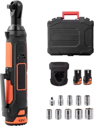 VEVOR Cordless Electric Ratchet Wrench Set 3/8", 12V 33 Ft-lbs Power Ratchet Tool Kit, 45-Min Fast Charge, 2-Pack 2.0Ah Battery, Built-in LED Light, 10 Sockets, Variable Speed Trigger