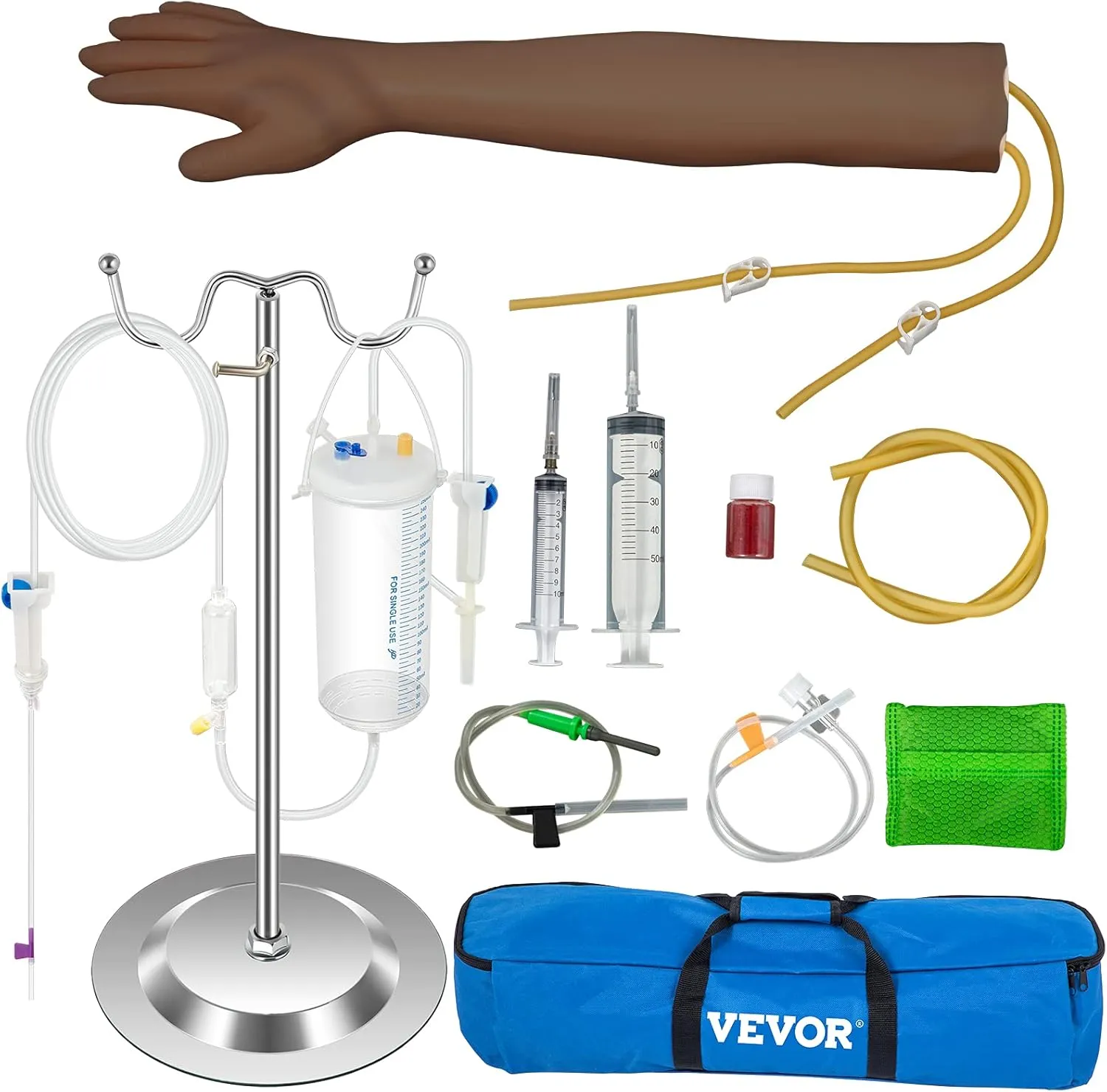VEVOR Intravenous Practice Arm Kit with Dark Skin Phlebotomy Arm Made of PVC Material Practice Arm for Phlebotomy with Height Adjustable Infusion Stand IV Practice Arm Kit for Venipuncture Practice