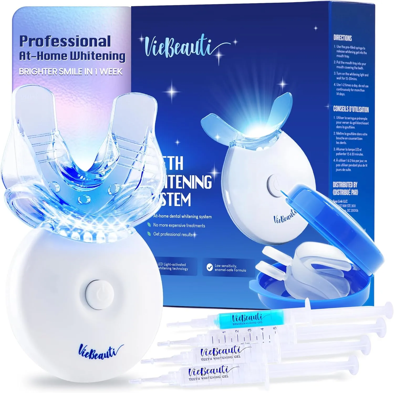 VieBeauti Teeth Whitening Kit with LED Light: Tooth Whitener with 35% Carbamide Peroxide, Remineralizing Gel, Mouth Trays and Tray Case - 10-Minute Timer Enhances Minty Fresh White Smile Mint