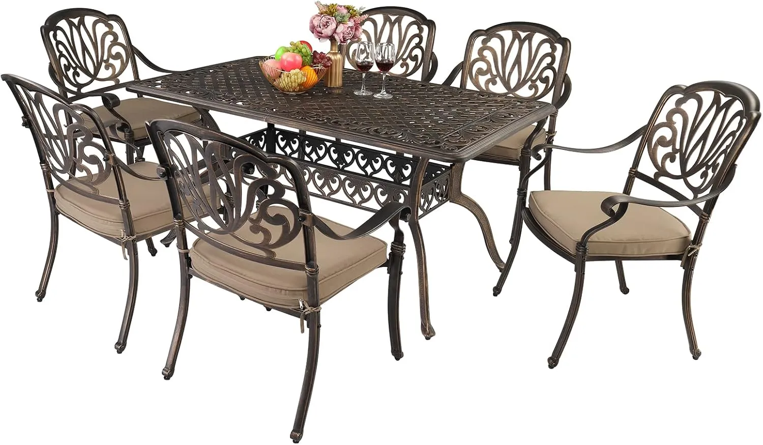 VINGLI 7 Pieces Outdoor Dining Set, Cast Aluminium All-Weather Patio Dining Set for 6 with Umbrella Hole, Outdoor Dining Table and Chairs with Cushions for Outside, Garden, Yard and Poolside, Bronze