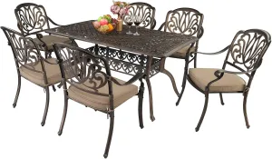 VINGLI 7 Pieces Outdoor Dining Set, Cast Aluminium All-Weather Patio Dining Set for 6 with Umbrella Hole, Outdoor Dining Table and Chairs with Cushions for Outside, Garden, Yard and Poolside, Bronze