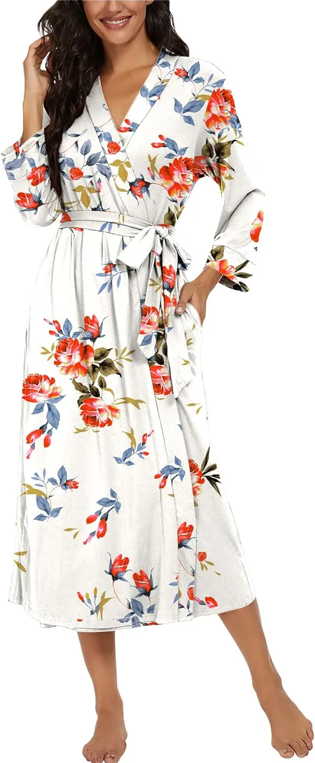 VINTATRE Women Kimono Robes Long Knit Bathrobe Lightweight Soft Knit Sleepwear V-neck Casual Ladies Loungewear