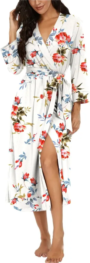 VINTATRE Women Kimono Robes Long Knit Bathrobe Lightweight Soft Knit Sleepwear V-neck Casual Ladies Loungewear