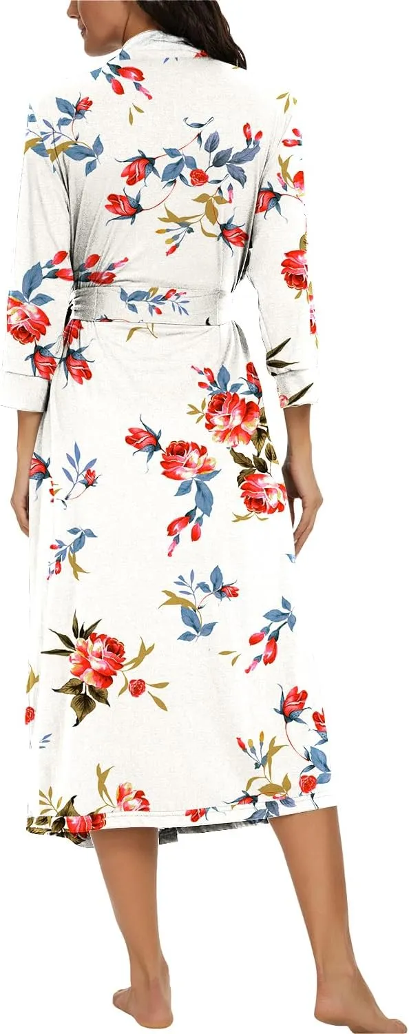 VINTATRE Women Kimono Robes Long Knit Bathrobe Lightweight Soft Knit Sleepwear V-neck Casual Ladies Loungewear