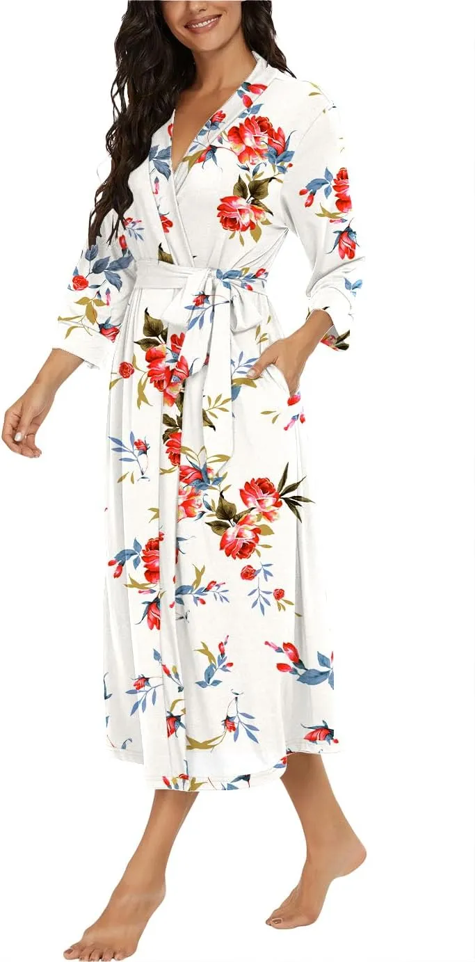 VINTATRE Women Kimono Robes Long Knit Bathrobe Lightweight Soft Knit Sleepwear V-neck Casual Ladies Loungewear