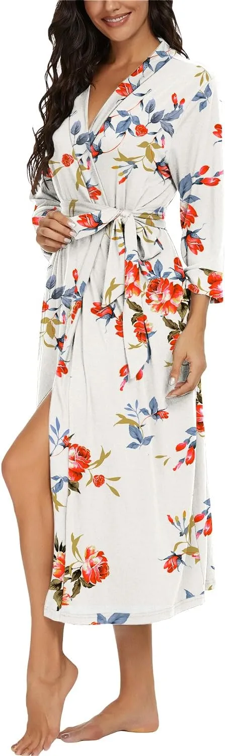 VINTATRE Women Kimono Robes Long Knit Bathrobe Lightweight Soft Knit Sleepwear V-neck Casual Ladies Loungewear