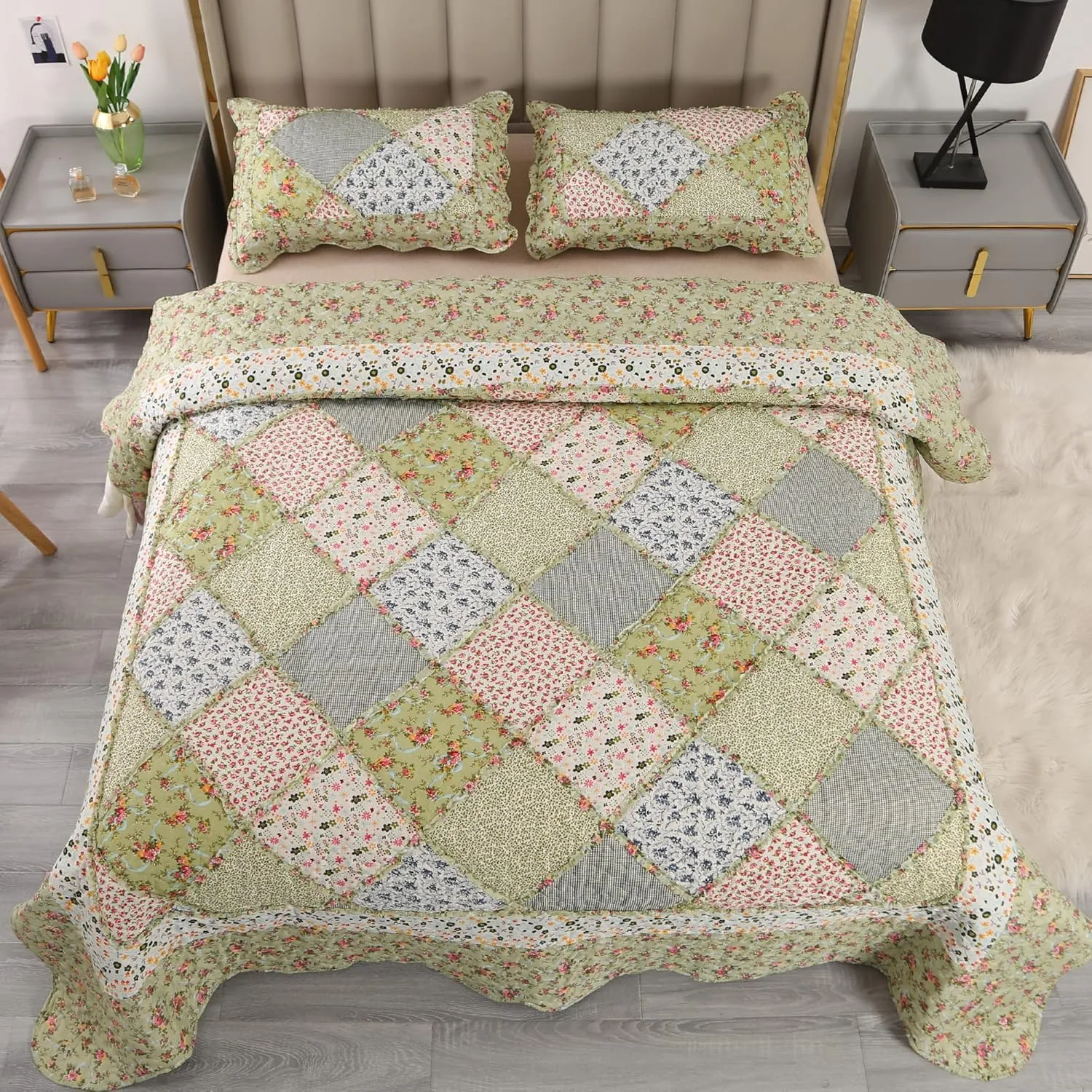 VIVILINEN Full Queen Size Green Patchwork Quilt Set Reversible Quilted Bedspread Coverlet Set 3-Piece Floral Lightweight Comforter Stitched Bedding Set Bed Sheet Set Cover Blanket with 2 Pillow Shams