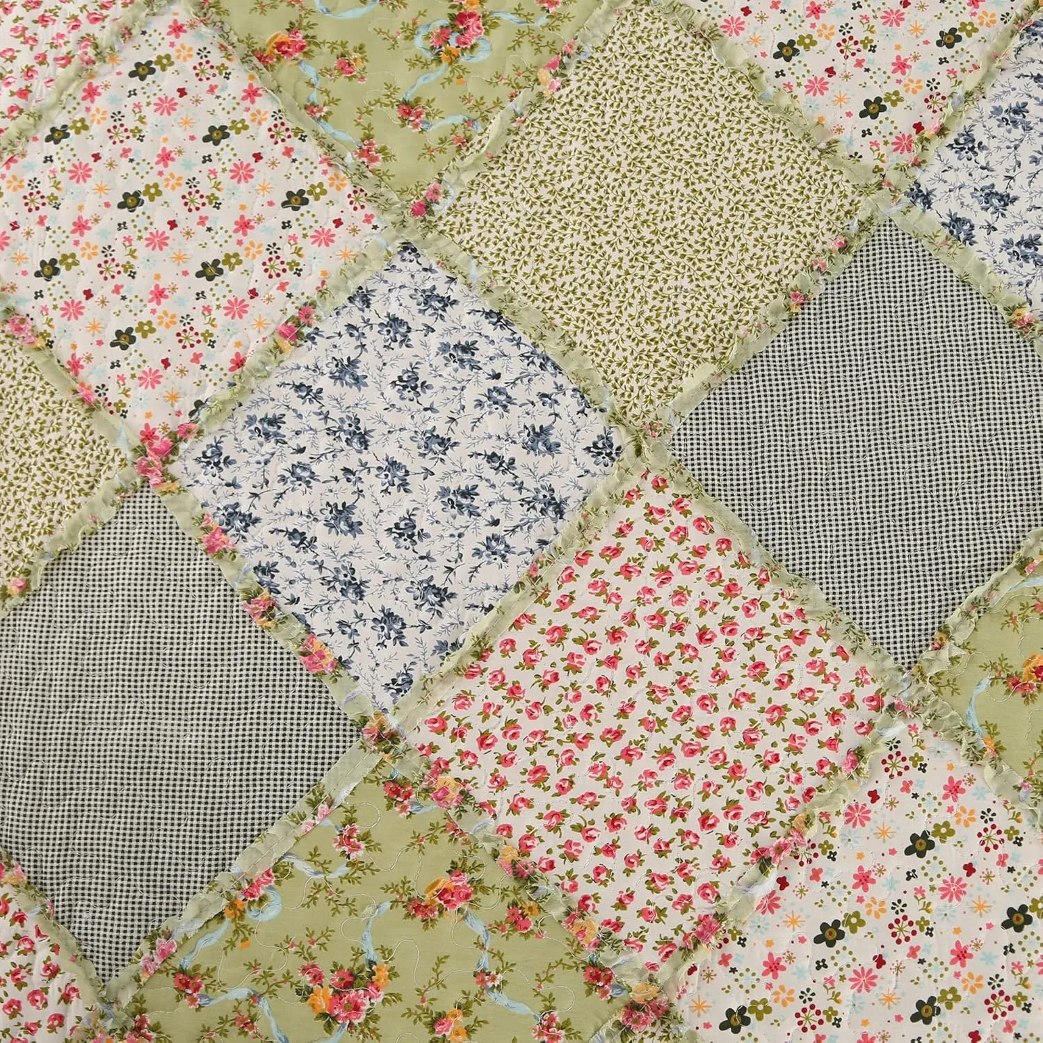 VIVILINEN Full Queen Size Green Patchwork Quilt Set Reversible Quilted Bedspread Coverlet Set 3-Piece Floral Lightweight Comforter Stitched Bedding Set Bed Sheet Set Cover Blanket with 2 Pillow Shams