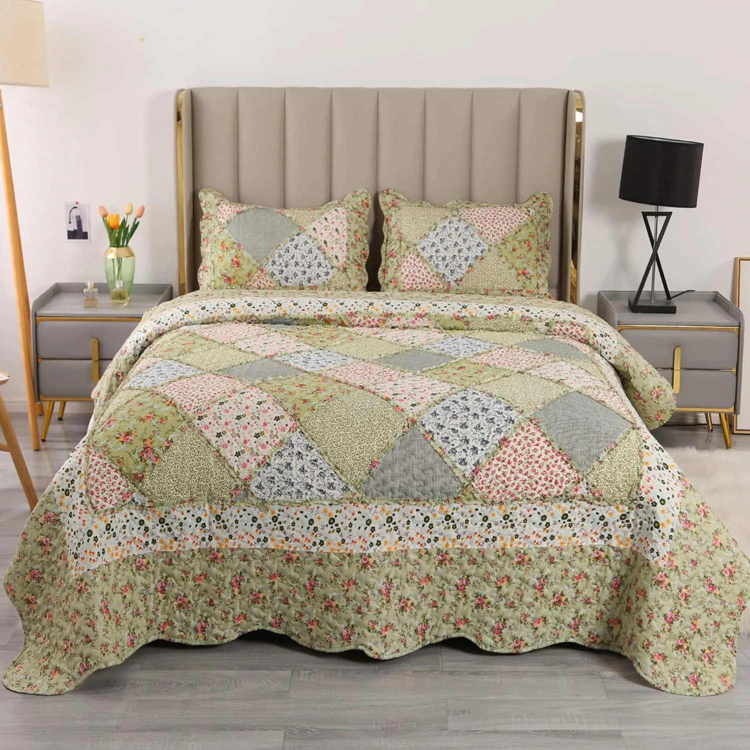 VIVILINEN Full Queen Size Green Patchwork Quilt Set Reversible Quilted Bedspread Coverlet Set 3-Piece Floral Lightweight Comforter Stitched Bedding Set Bed Sheet Set Cover Blanket with 2 Pillow Shams
