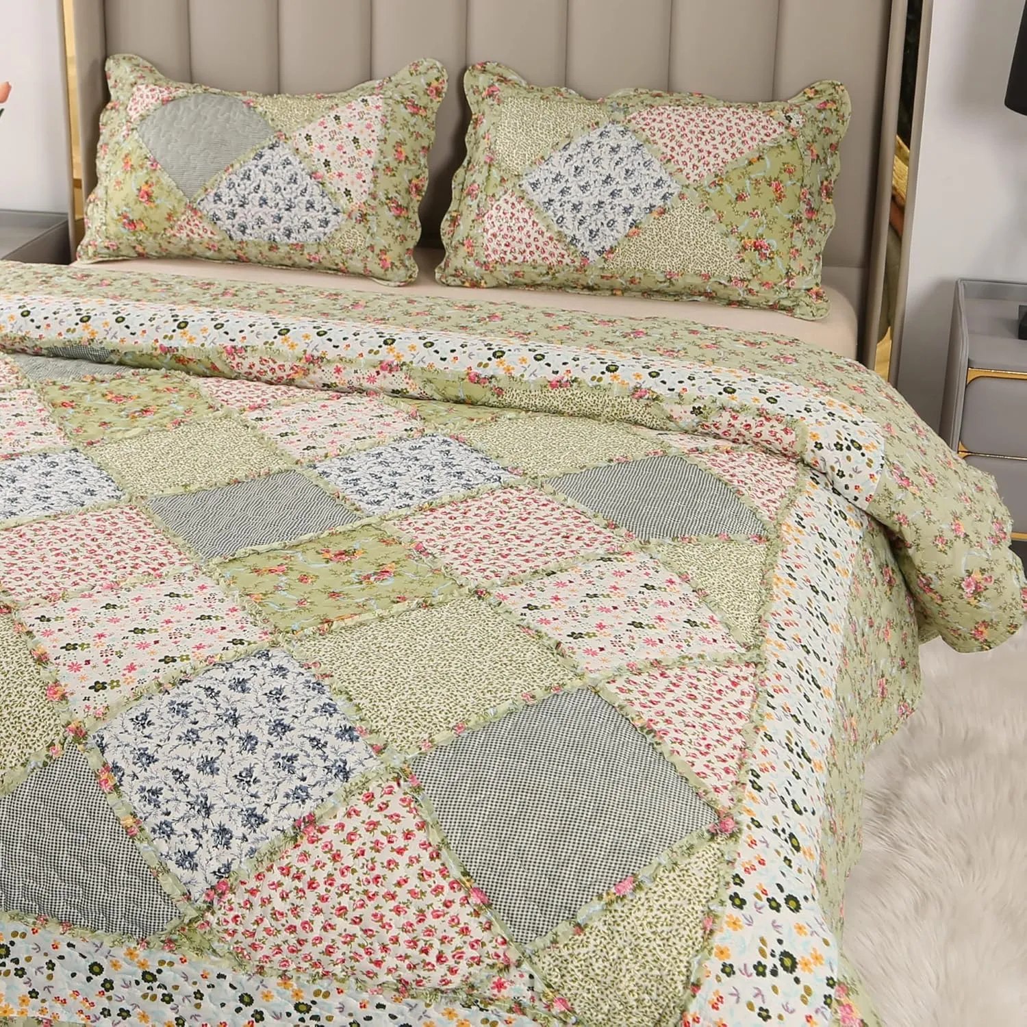 VIVILINEN Full Queen Size Green Patchwork Quilt Set Reversible Quilted Bedspread Coverlet Set 3-Piece Floral Lightweight Comforter Stitched Bedding Set Bed Sheet Set Cover Blanket with 2 Pillow Shams