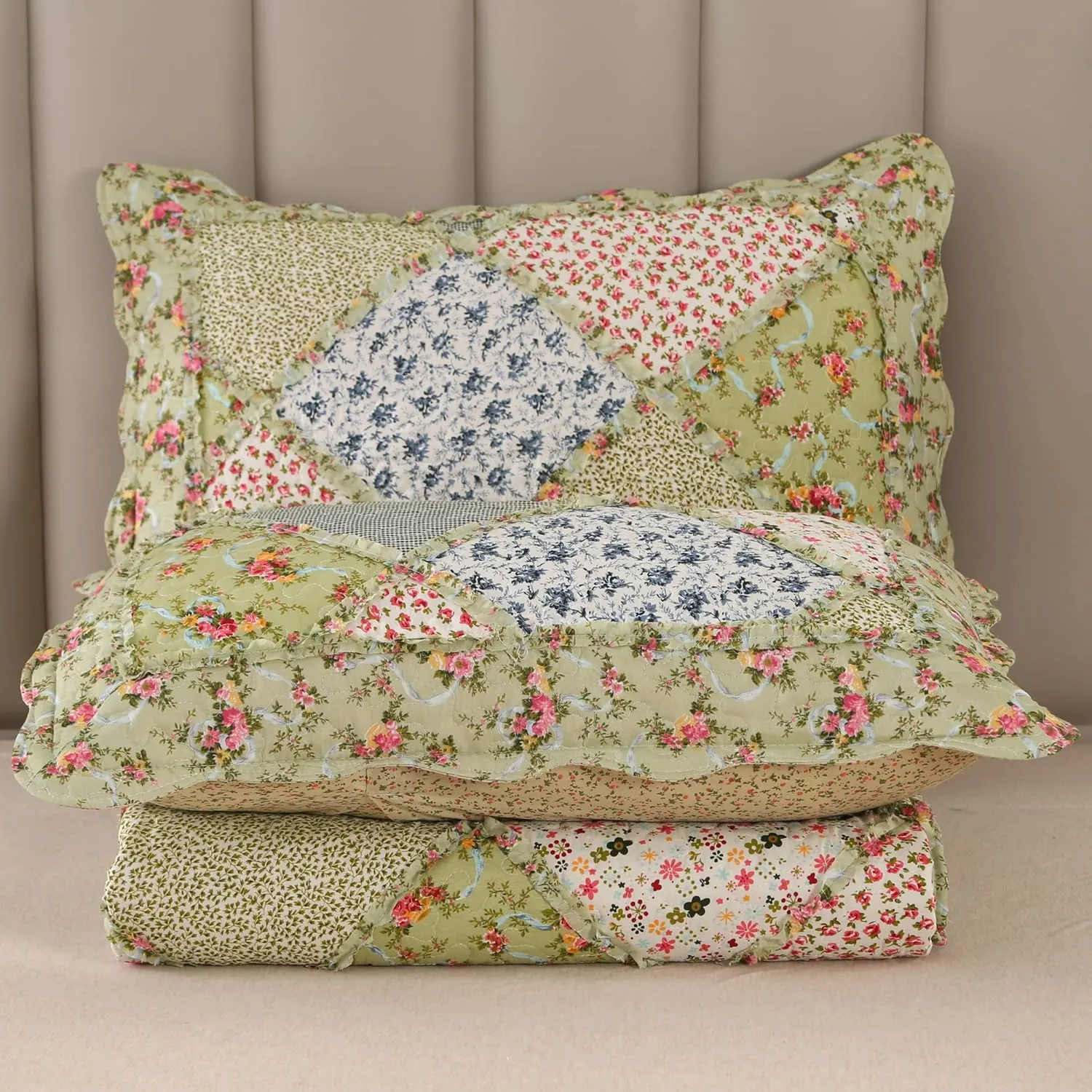 VIVILINEN Full Queen Size Green Patchwork Quilt Set Reversible Quilted Bedspread Coverlet Set 3-Piece Floral Lightweight Comforter Stitched Bedding Set Bed Sheet Set Cover Blanket with 2 Pillow Shams