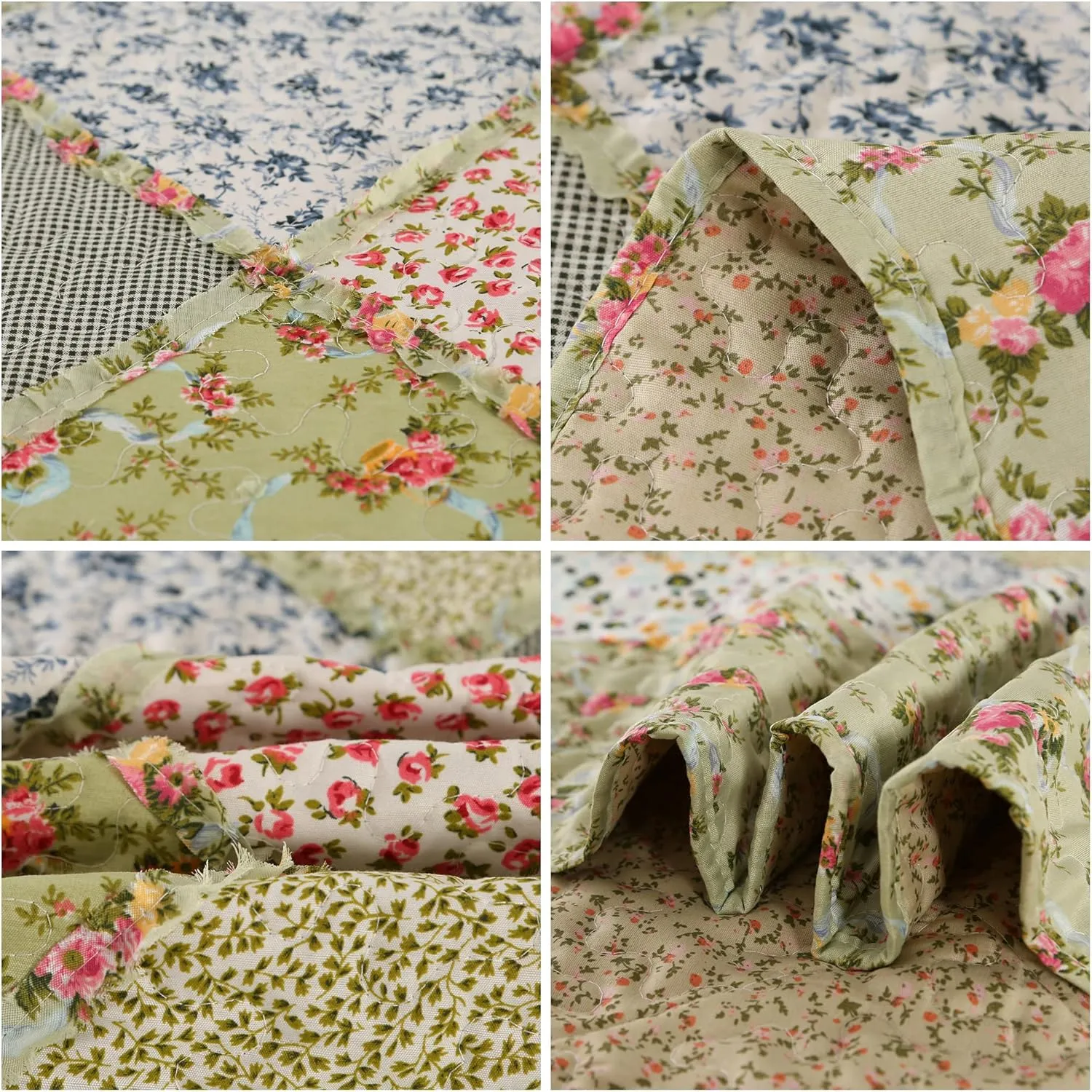 VIVILINEN Full Queen Size Green Patchwork Quilt Set Reversible Quilted Bedspread Coverlet Set 3-Piece Floral Lightweight Comforter Stitched Bedding Set Bed Sheet Set Cover Blanket with 2 Pillow Shams