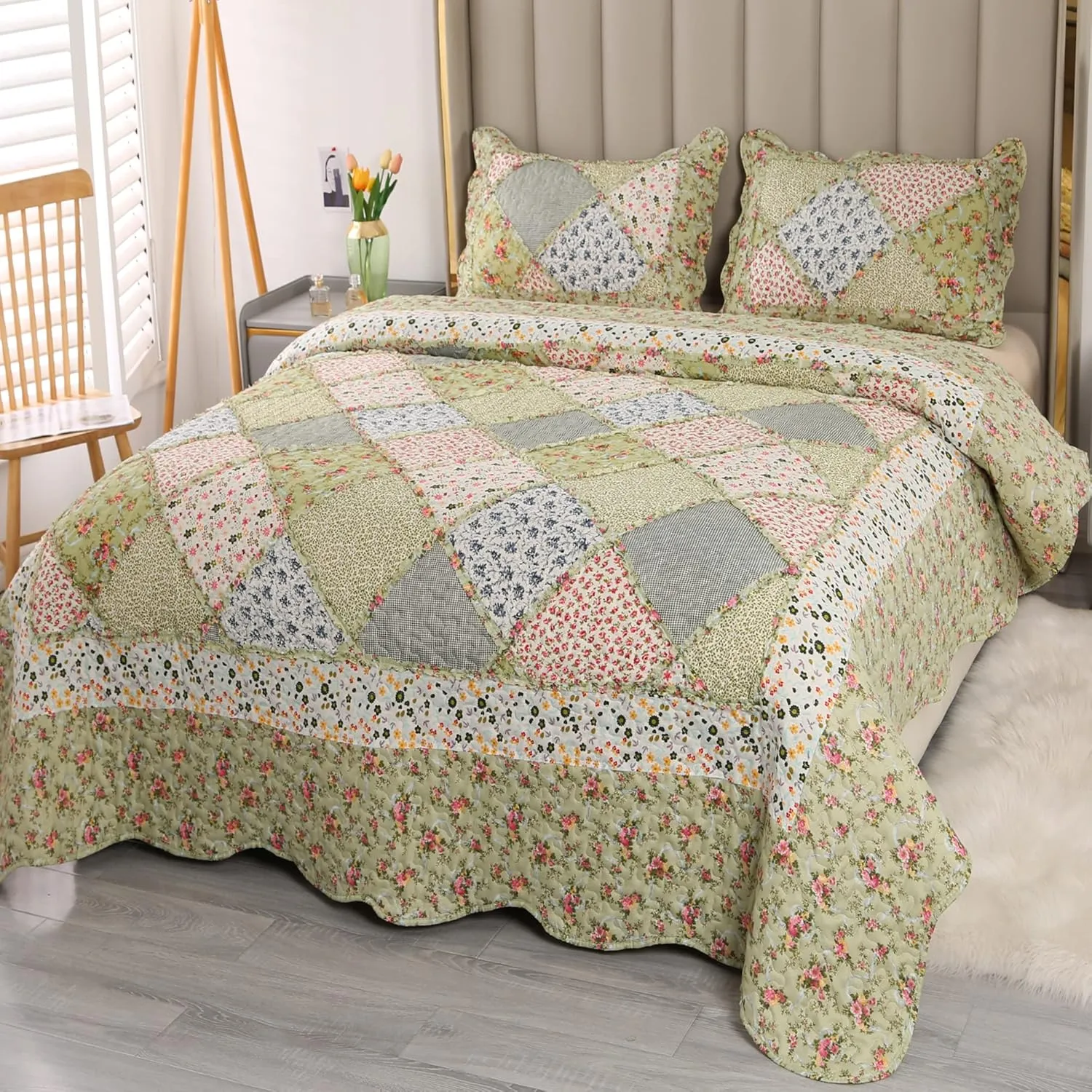 VIVILINEN Full Queen Size Green Patchwork Quilt Set Reversible Quilted Bedspread Coverlet Set 3-Piece Floral Lightweight Comforter Stitched Bedding Set Bed Sheet Set Cover Blanket with 2 Pillow Shams